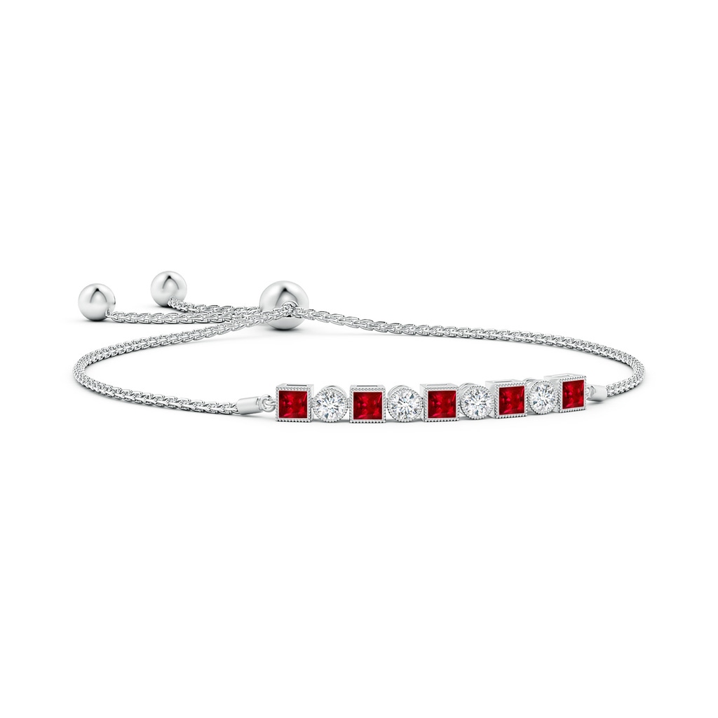 3mm AAAA Bezel-Set Square Ruby and Round Diamond Bolo Bracelet in White Gold