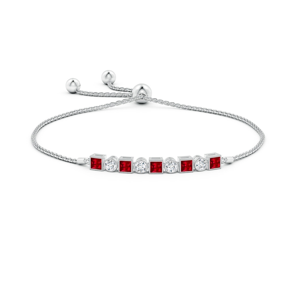 3mm AAAA Bezel-Set Square Ruby and Round Diamond Bolo Bracelet in White Gold Side-1