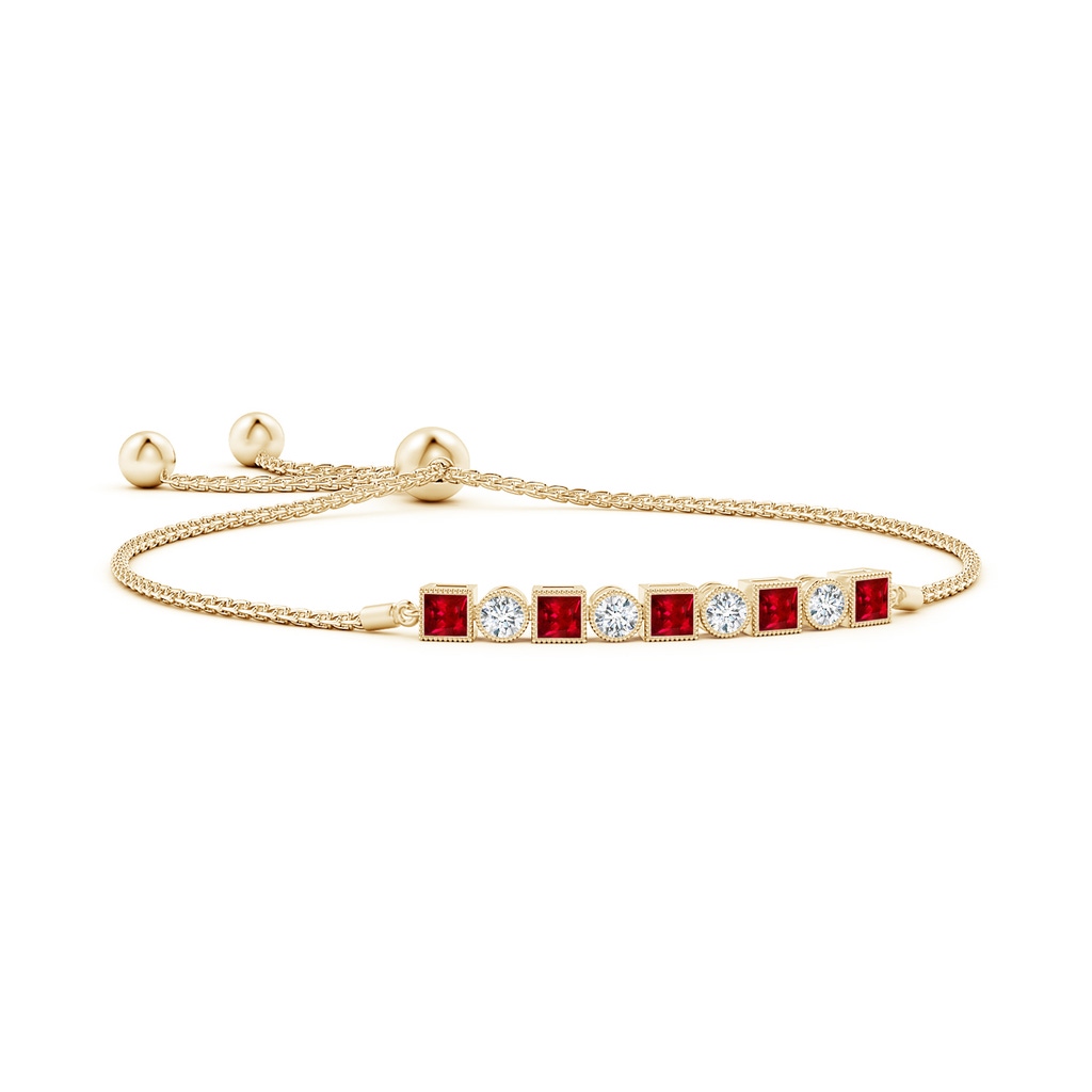 3mm AAAA Bezel-Set Square Ruby and Round Diamond Bolo Bracelet in Yellow Gold