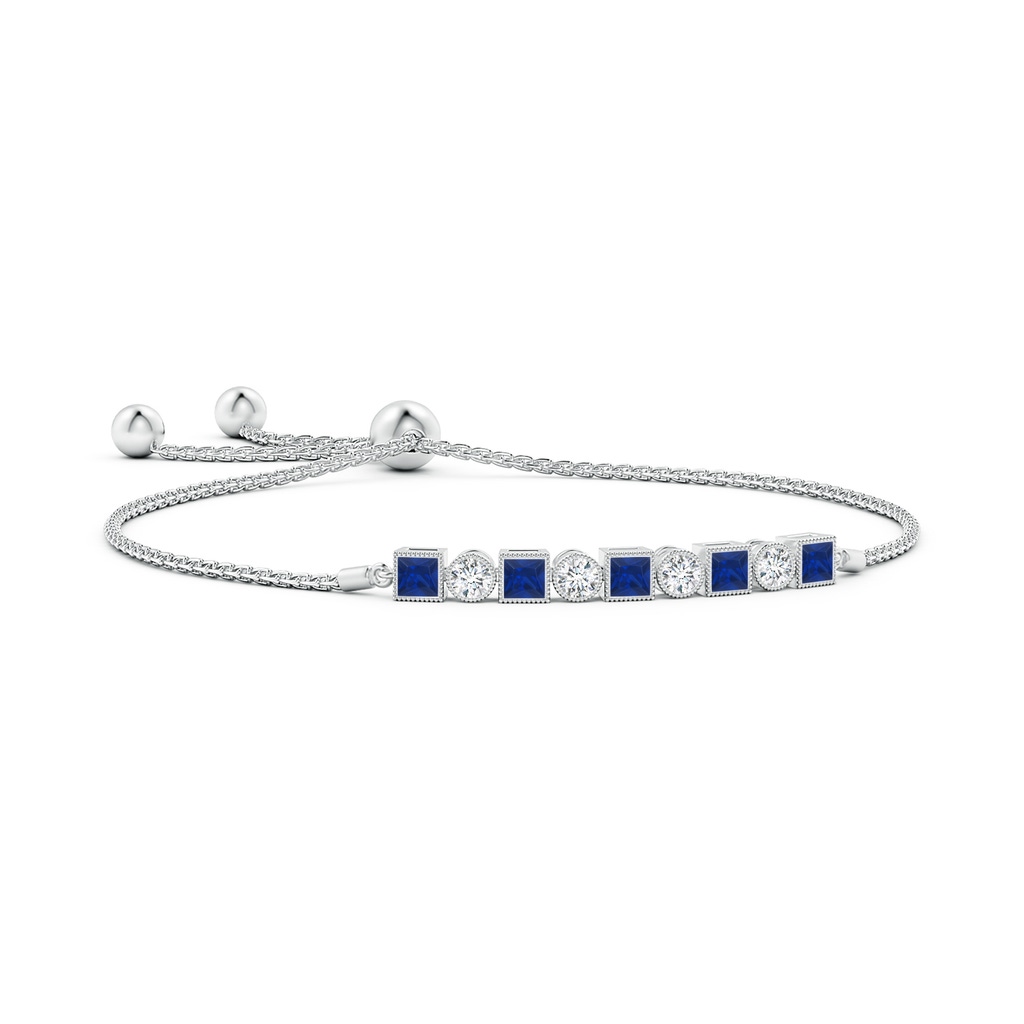 3mm AAA Bezel-Set Square Sapphire and Round Diamond Bolo Bracelet in White Gold