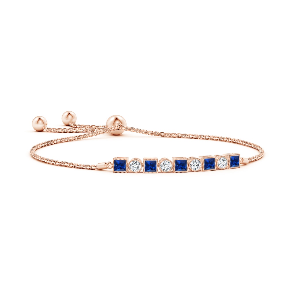 3mm AAAA Bezel-Set Square Sapphire and Round Diamond Bolo Bracelet in Rose Gold