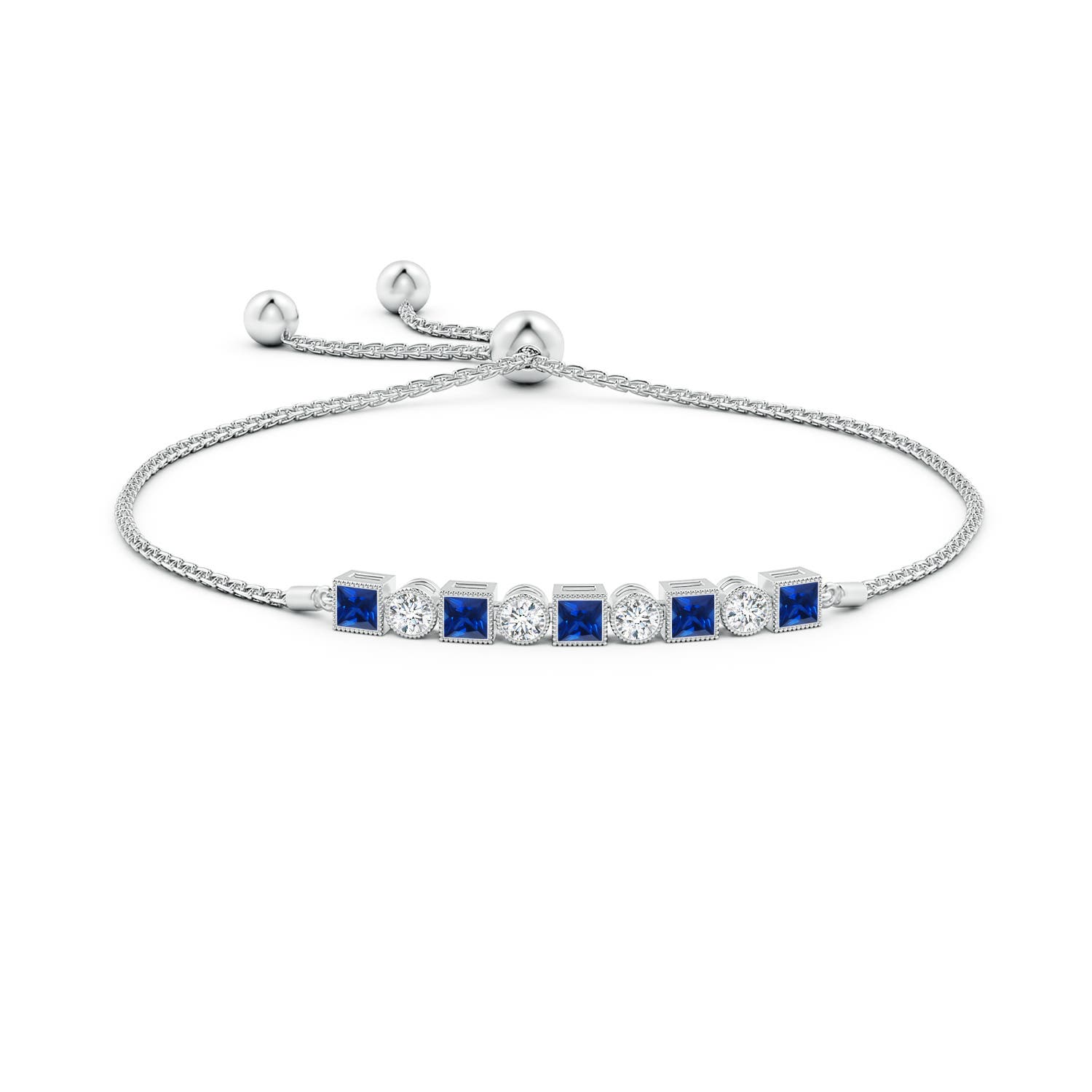 3mm AAAA Bezel-Set Square Sapphire and Round Diamond Bolo Bracelet in White Gold - side 1