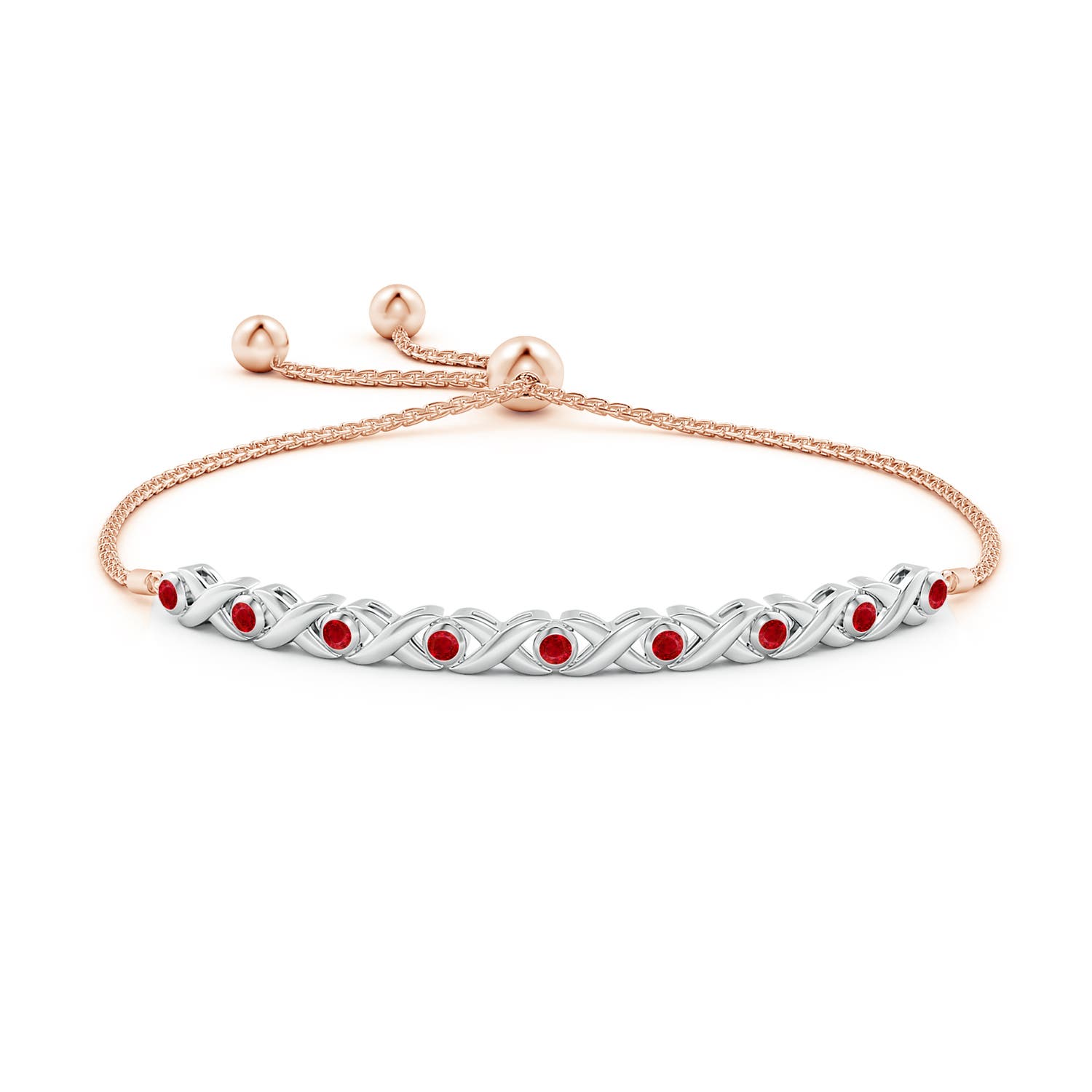 2.5mm AAA Bezel-Set Ruby XO Bolo Bracelet in Two Tone Gold in White Gold Rose Gold - side 1