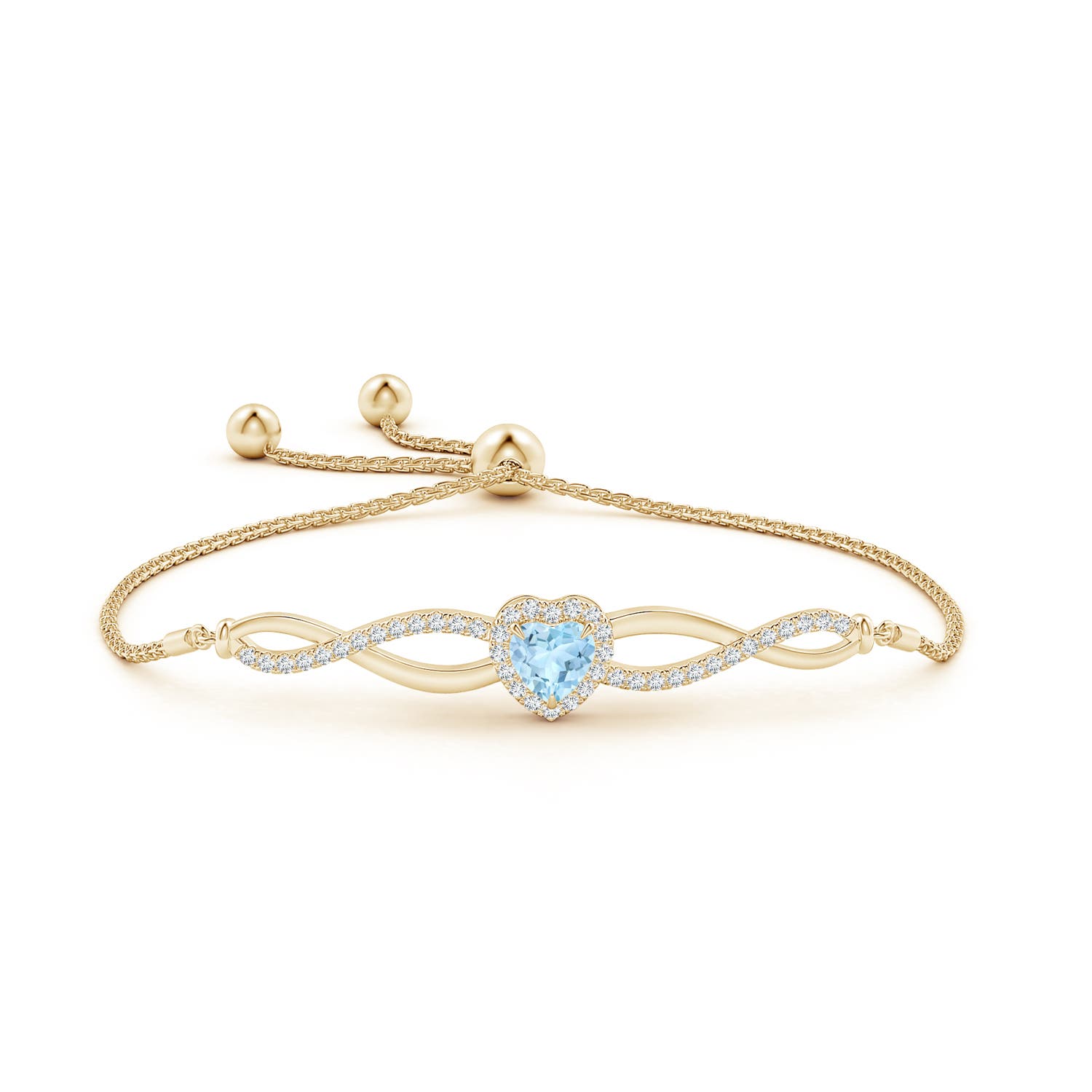 6mm AAA Heart-Shaped Aquamarine Infinity Bolo Bracelet in Yellow Gold - side 1