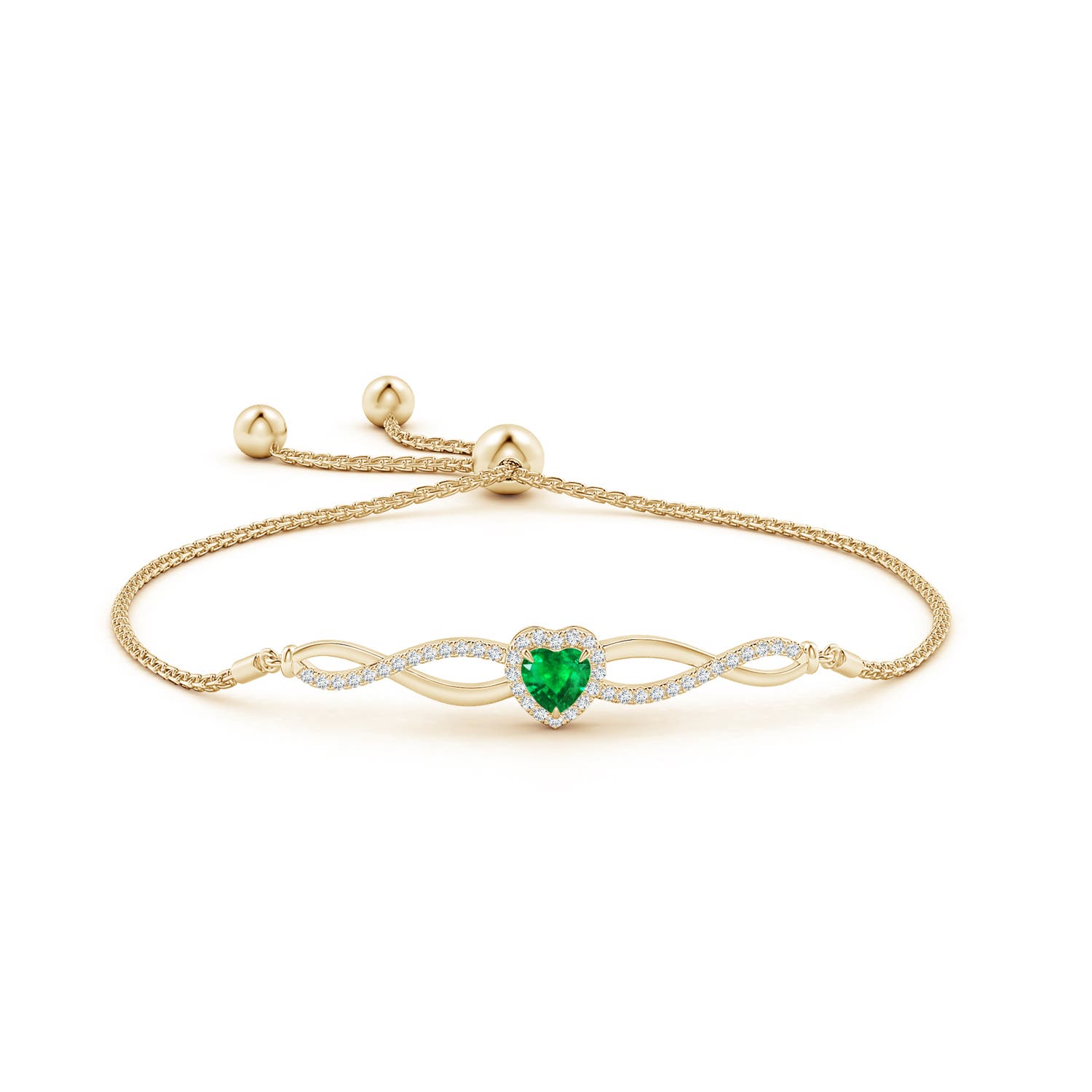 5mm AAA Heart-Shaped Emerald Infinity Bolo Bracelet in Yellow Gold - side 1