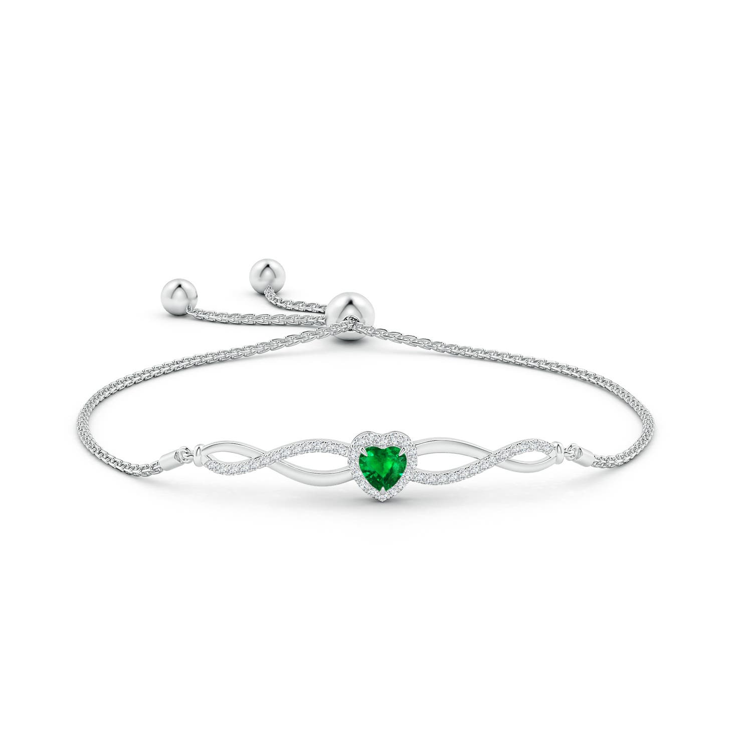5mm AAAA Heart-Shaped Emerald Infinity Bolo Bracelet in White Gold