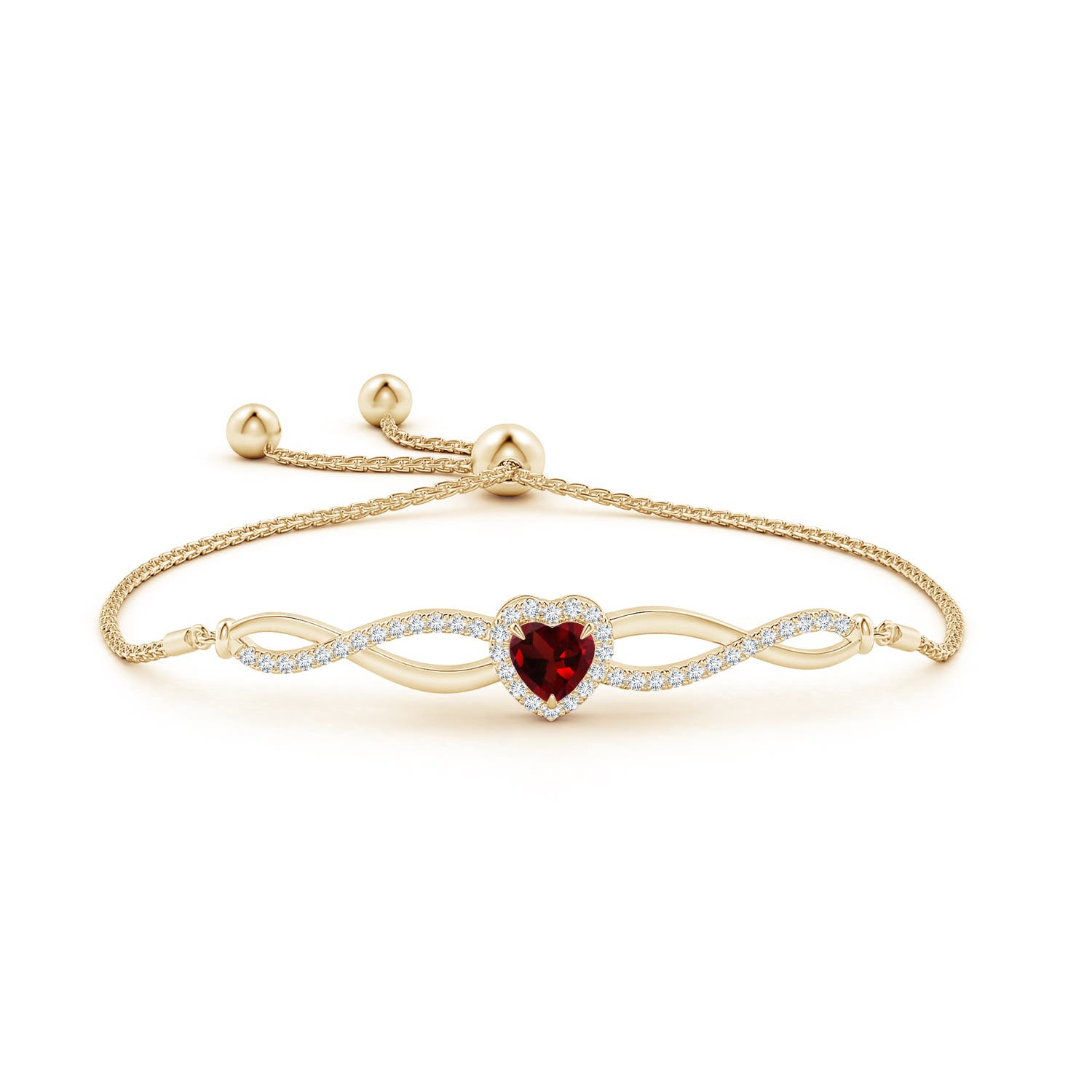 6mm AAA Heart-Shaped Garnet Infinity Bolo Bracelet in Yellow Gold