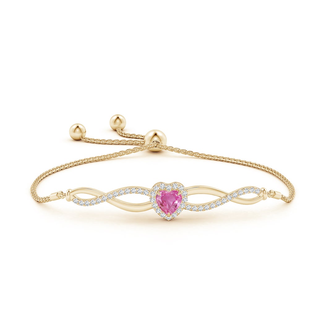 6mm AAA Heart-Shaped Pink Sapphire Infinity Bolo Bracelet in Yellow Gold - side 1