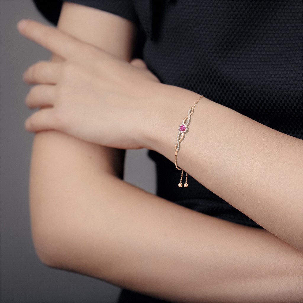 6mm AAAA Heart-Shaped Pink Sapphire Infinity Bolo Bracelet in Rose Gold Body-Bra
