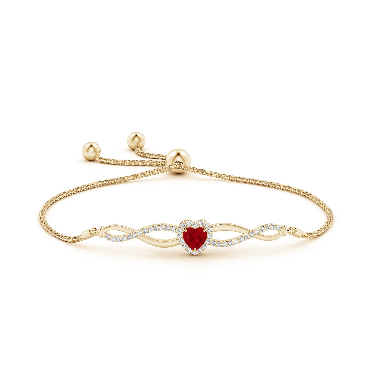 5mm AAA Heart-Shaped Ruby Infinity Bolo Bracelet in Yellow Gold