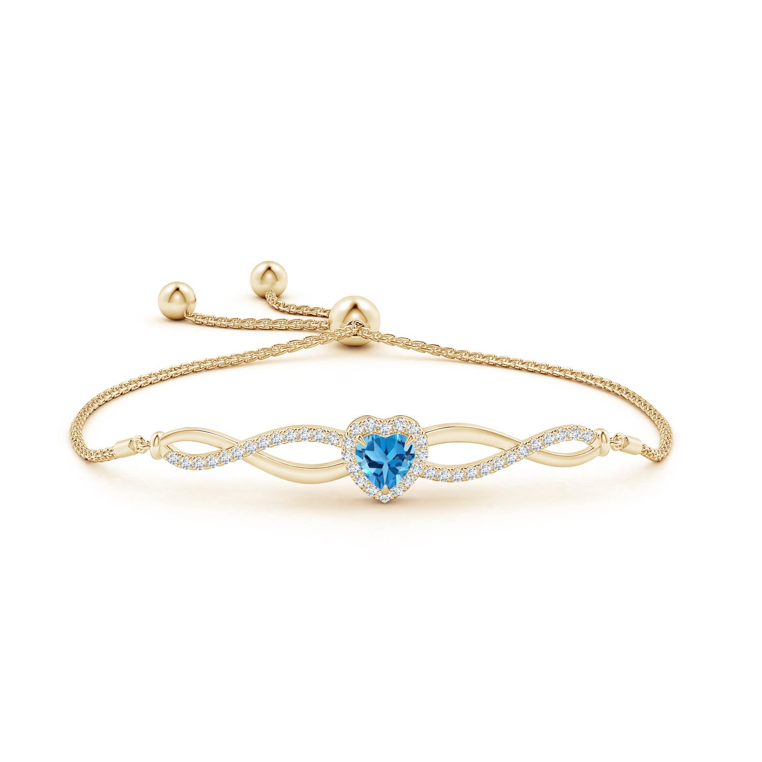 6mm AAA Heart-Shaped Swiss Blue Topaz Infinity Bolo Bracelet in Yellow Gold