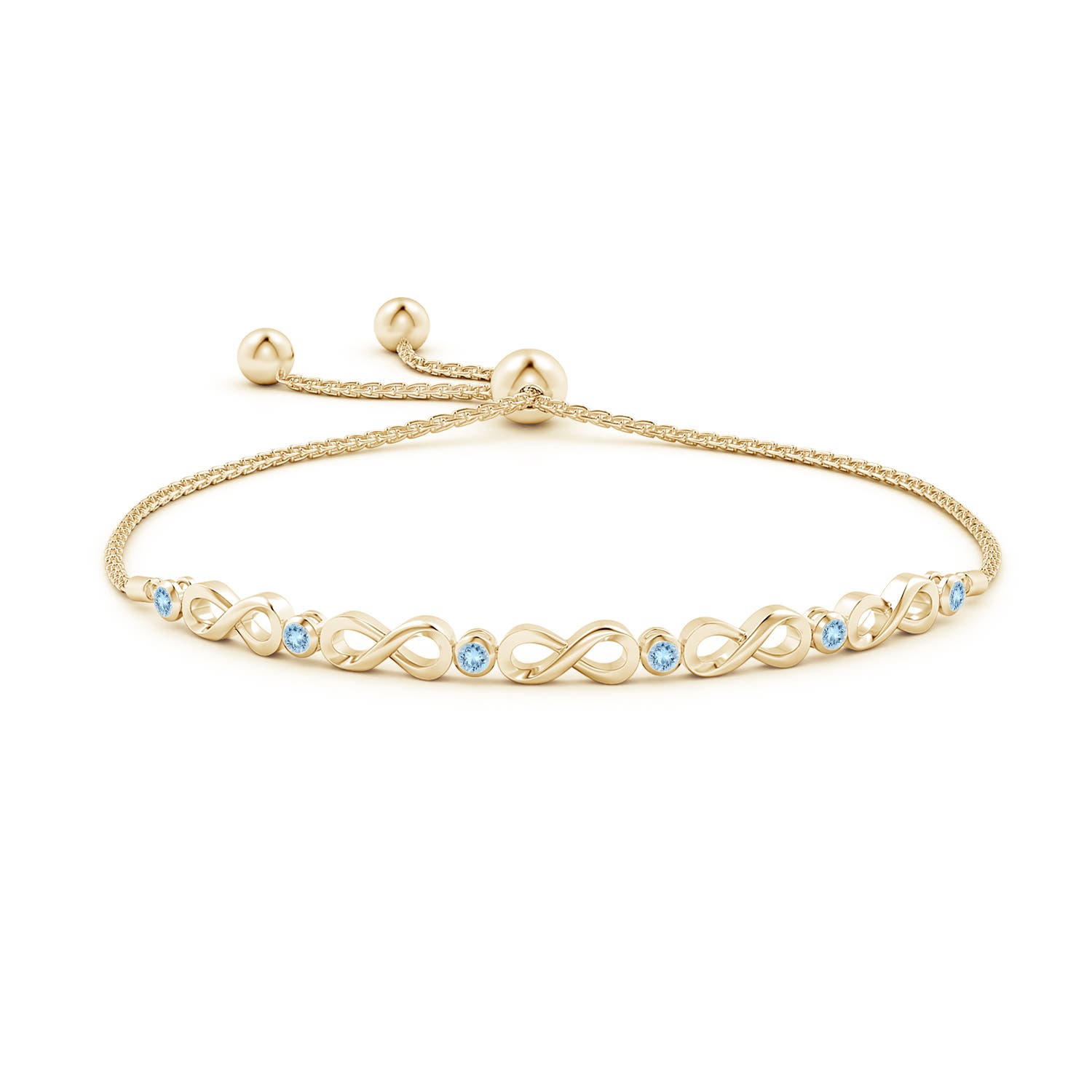 2.5mm AAA Bezel-Set Aquamarine Infinity Bolo Bracelet in Yellow Gold - side 1