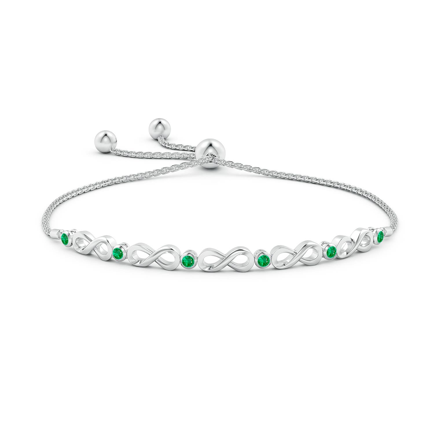 2.5mm AAA Bezel-Set Emerald Infinity Bolo Bracelet in White Gold - side 1