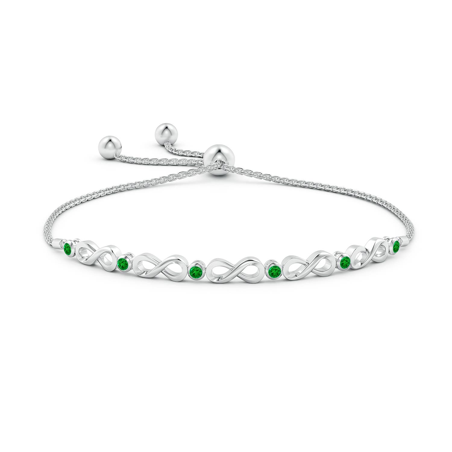 2.5mm AAAA Bezel-Set Emerald Infinity Bolo Bracelet in White Gold