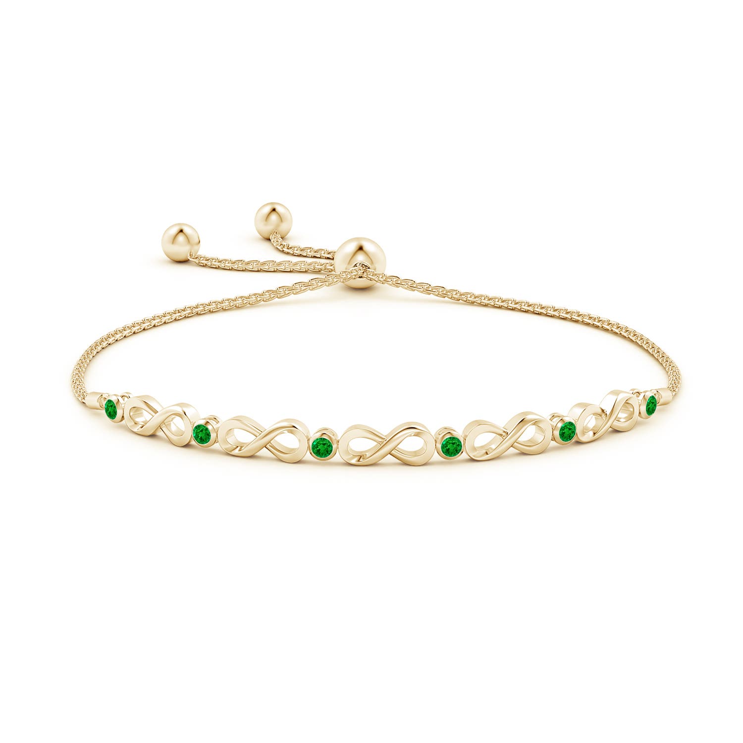 2.5mm AAAA Bezel-Set Emerald Infinity Bolo Bracelet in Yellow Gold
