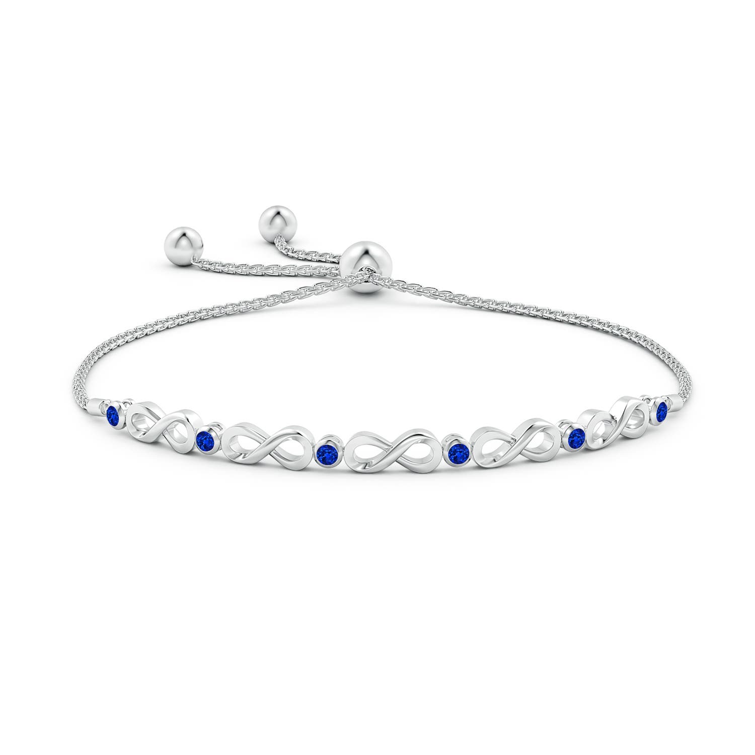 2.5mm AAAA Bezel-Set Sapphire Infinity Bolo Bracelet in White Gold - side 1