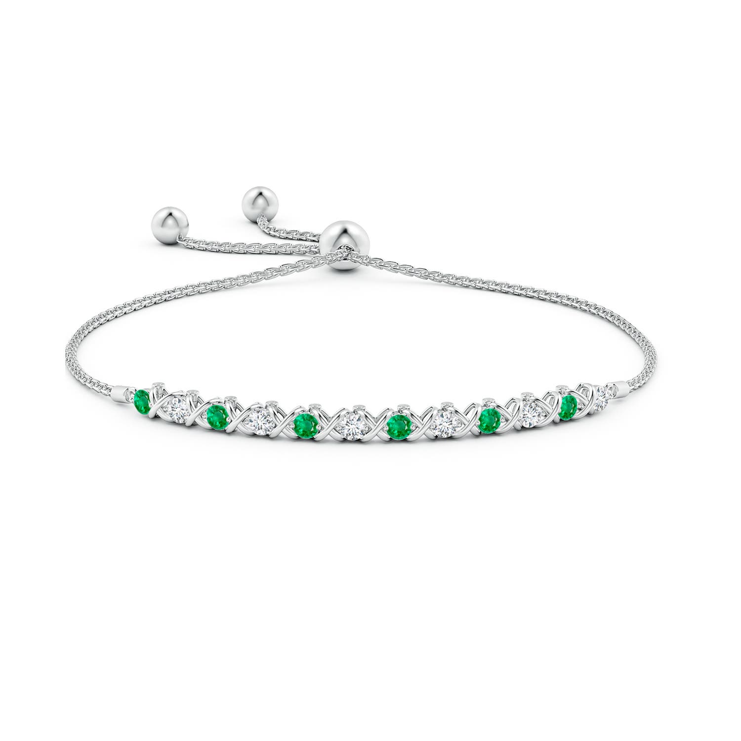 2.8mm AAA Alternate Emerald and Diamond XO Bolo Bracelet in White Gold