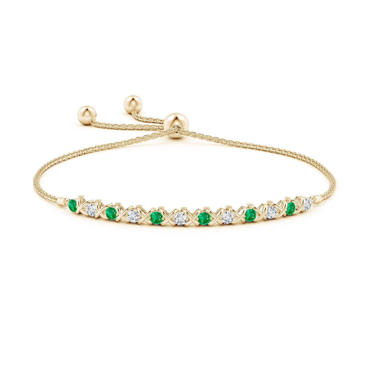 2.8mm AAA Alternate Emerald and Diamond XO Bolo Bracelet in Yellow Gold - side 1