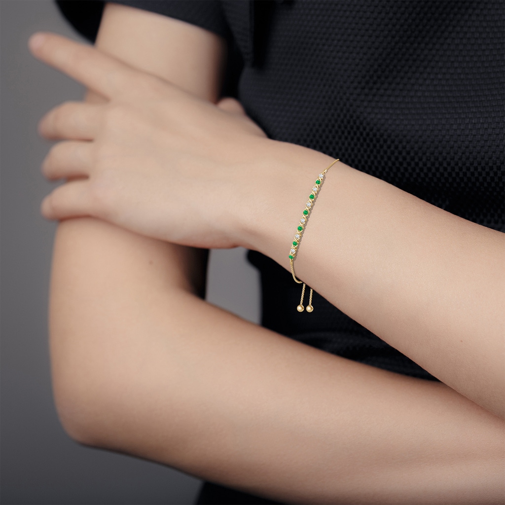 2.8mm AAA Alternate Emerald and Diamond XO Bolo Bracelet in Yellow Gold - body_bra