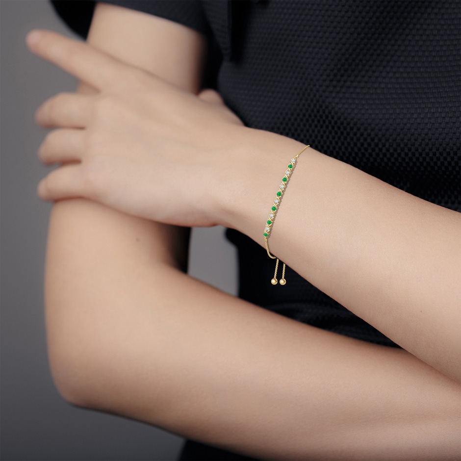 2.8mm AAA Alternate Emerald and Diamond XO Bolo Bracelet in Yellow Gold body-bra