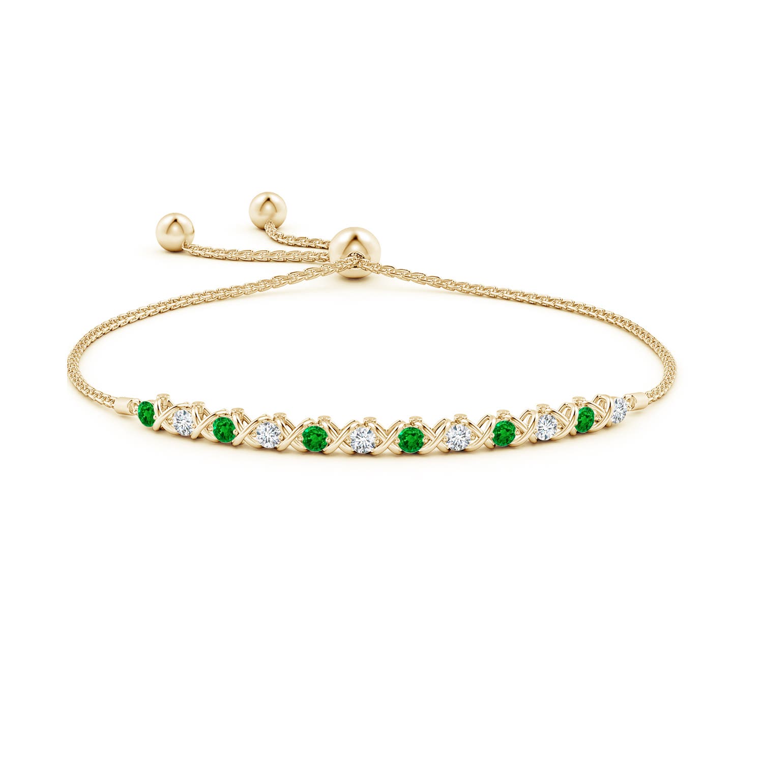 2.8mm AAAA Alternate Emerald and Diamond XO Bolo Bracelet in Yellow Gold