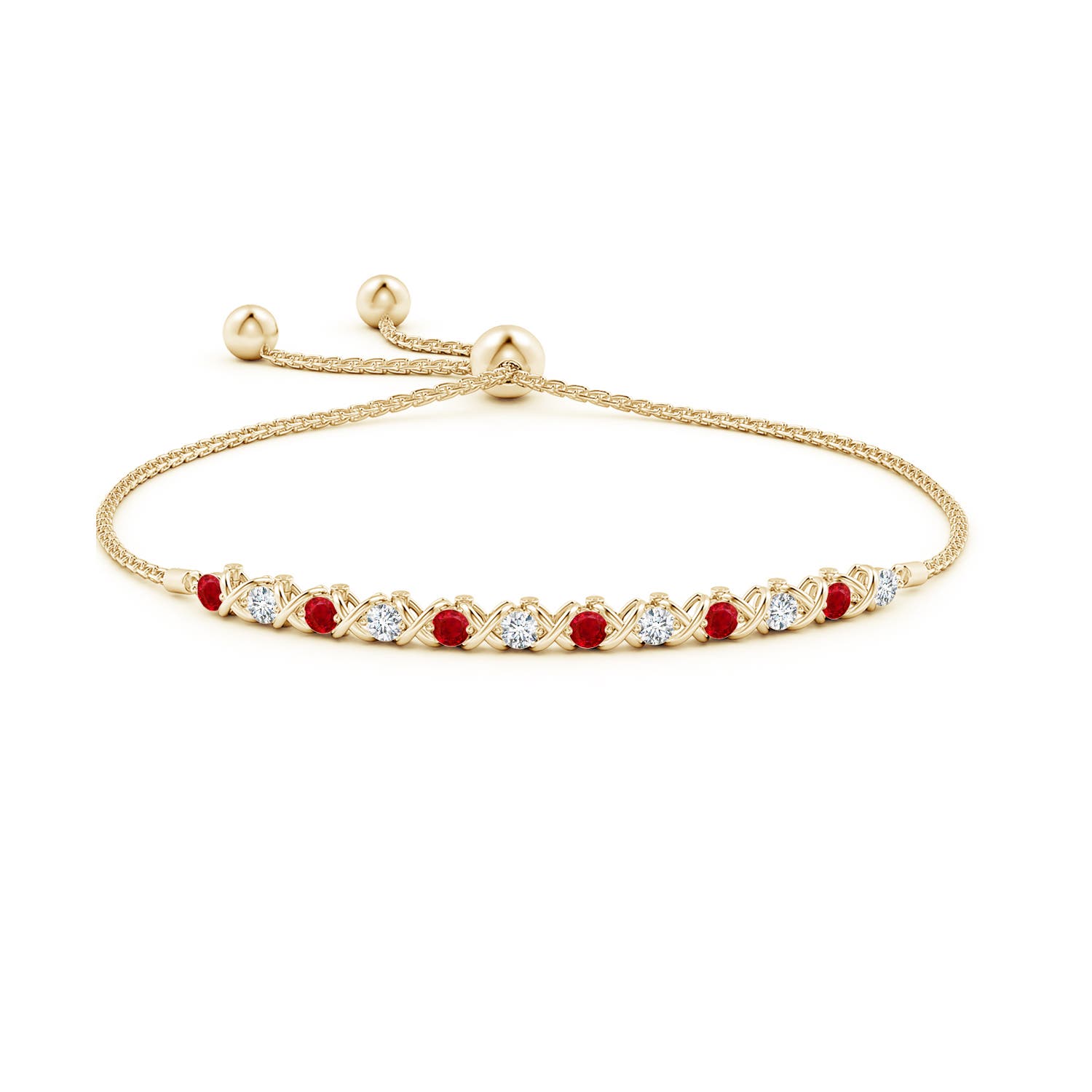 2.8mm AAA Alternate Ruby and Diamond XO Bolo Bracelet in Yellow Gold - side 1