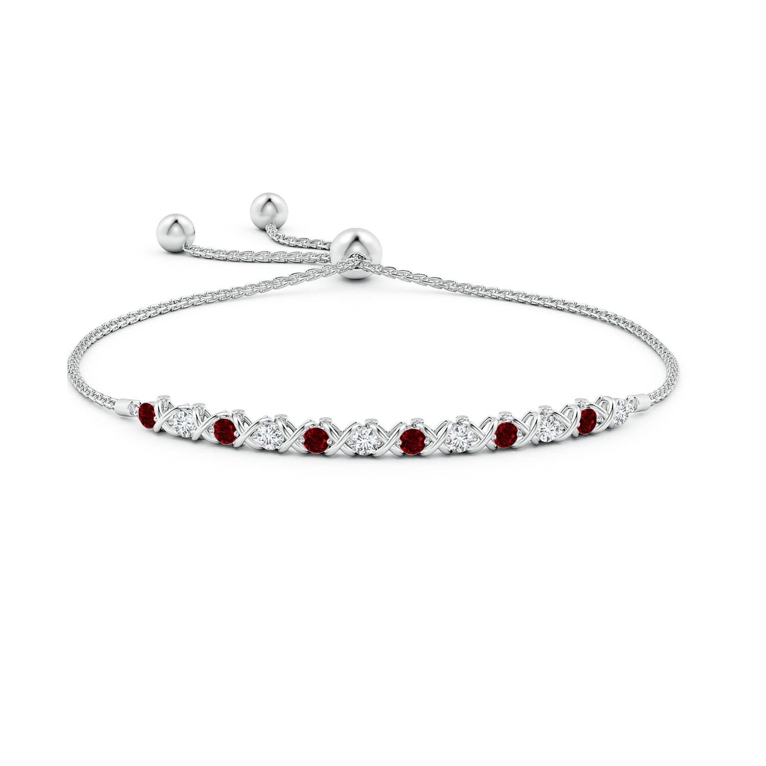 2.8mm AAAA Alternate Ruby and Diamond XO Bolo Bracelet in White Gold