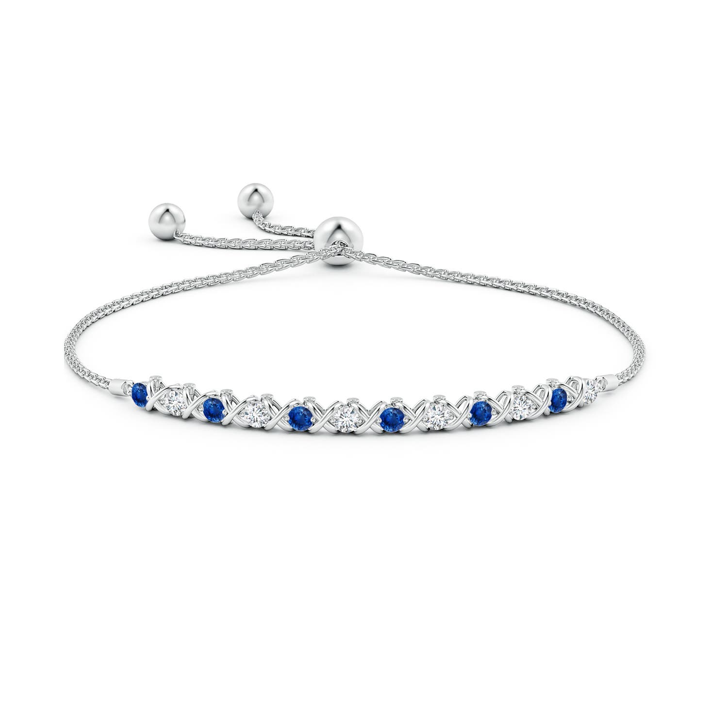 2.8mm AAA Alternate Sapphire and Diamond XO Bolo Bracelet in White Gold