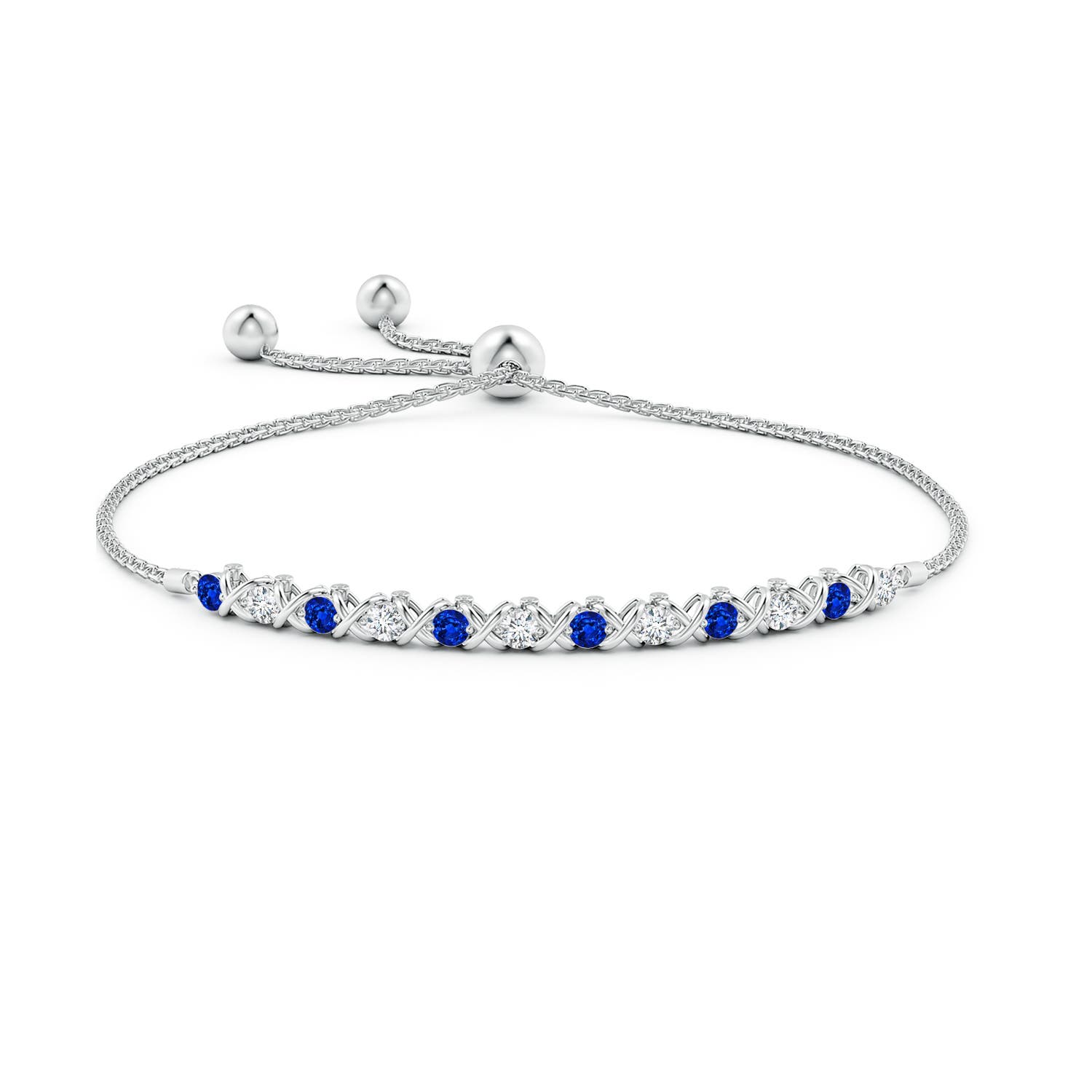 2.8mm AAAA Alternate Sapphire and Diamond XO Bolo Bracelet in White Gold - side 1