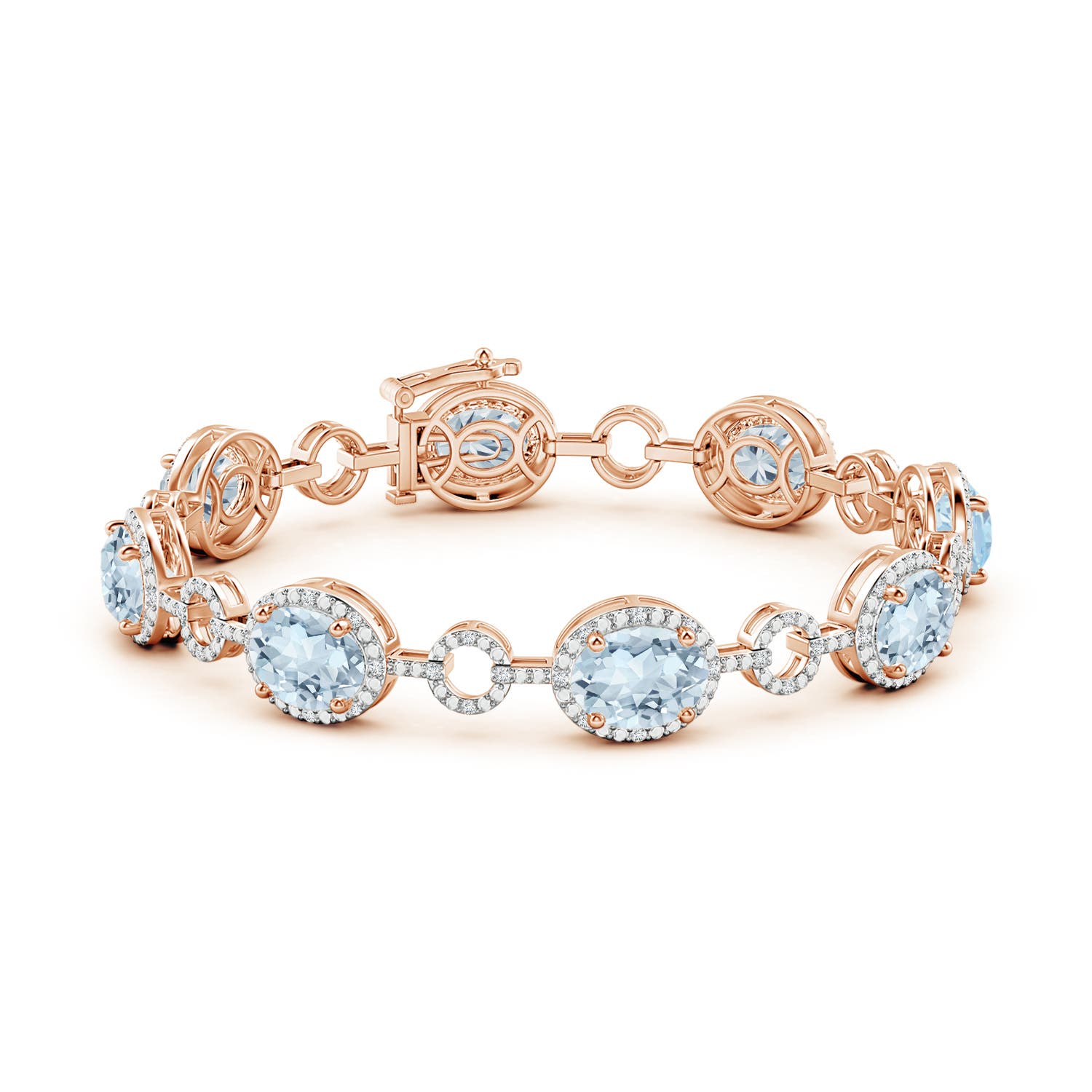 9x7mm A Oval Aquamarine Halo Open Circle Link Bracelet in Rose Gold