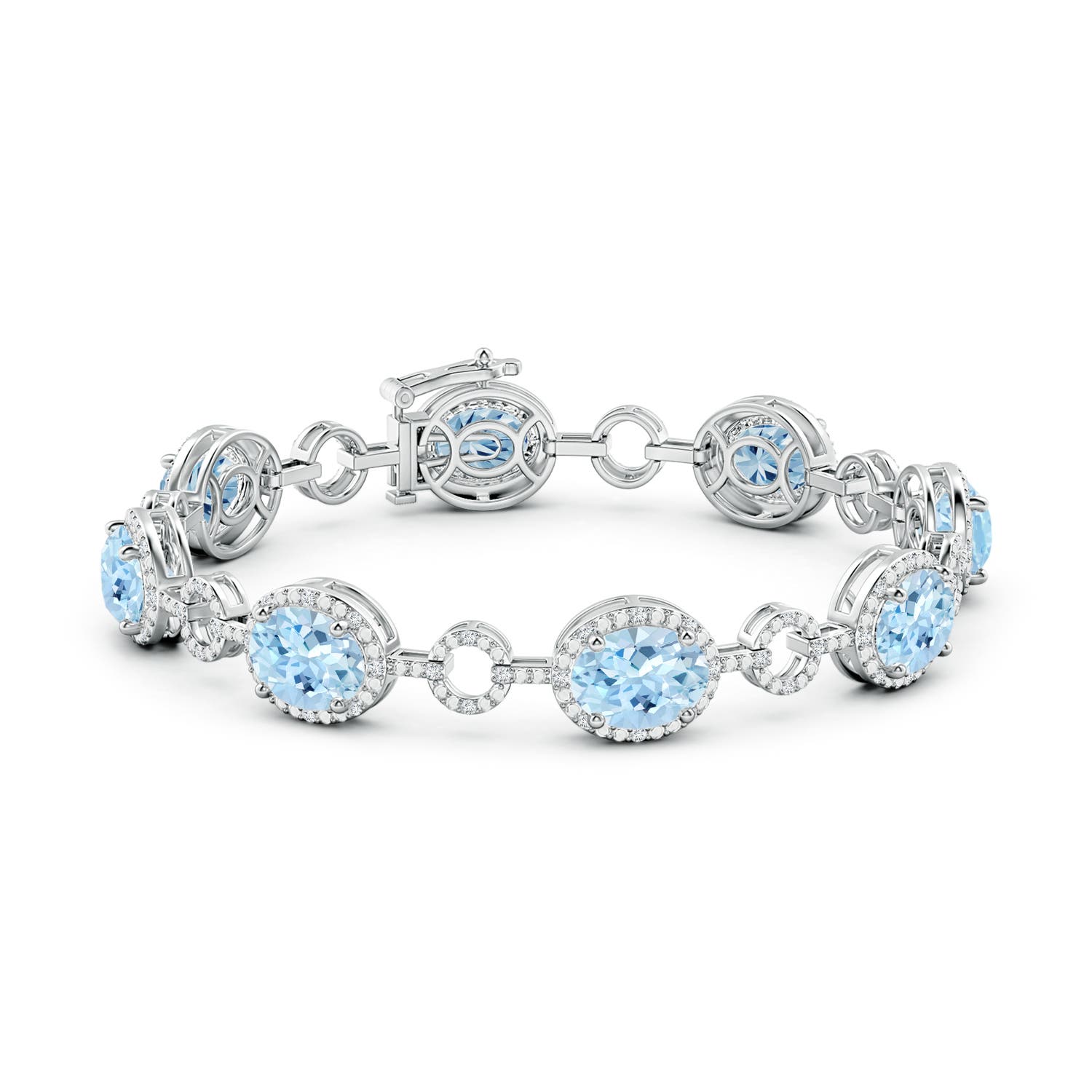 9x7mm AAA Oval Aquamarine Halo Open Circle Link Bracelet in White Gold