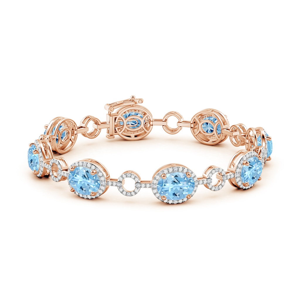 9x7mm AAAA Oval Aquamarine Halo Open Circle Link Bracelet in Rose Gold - side 199