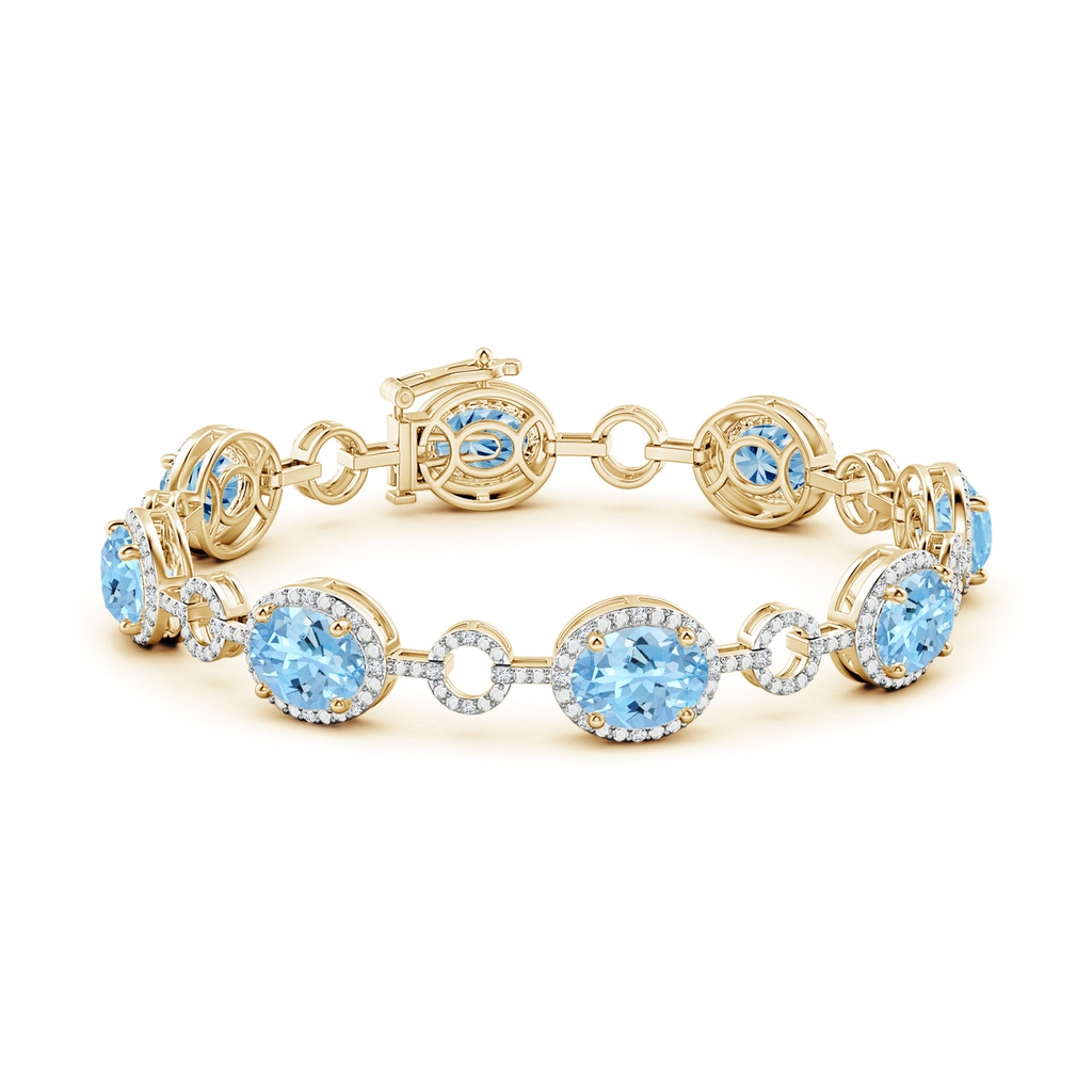 9x7mm AAAA Oval Aquamarine Halo Open Circle Link Bracelet in Yellow Gold - side 199