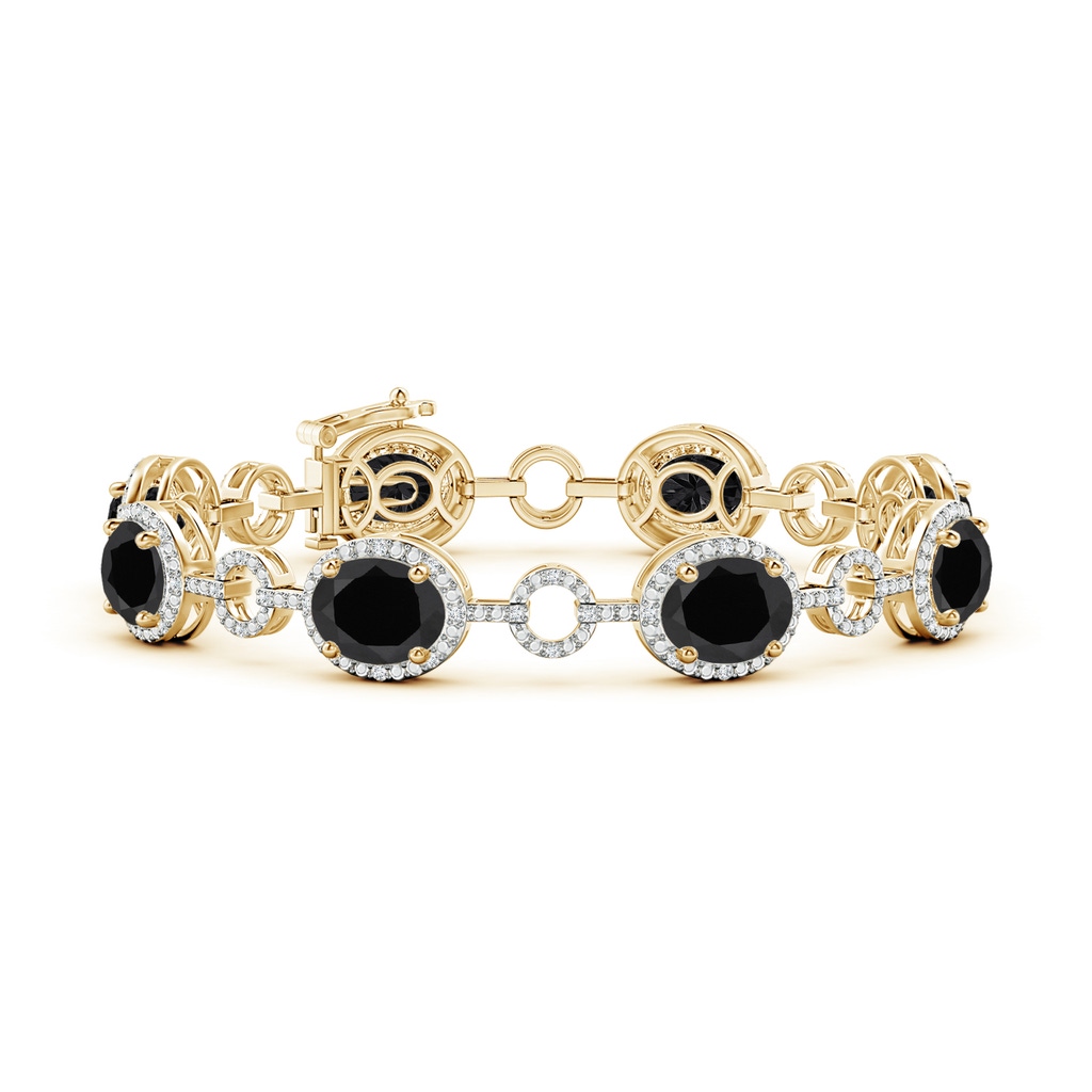 9x7mm AAA Oval Black Onyx Halo Open Circle Link Bracelet in Yellow Gold