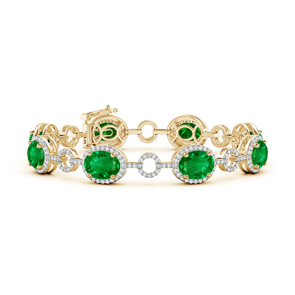 9x7mm AAAA Oval Emerald Halo Open Circle Link Bracelet in 10K Yellow Gold