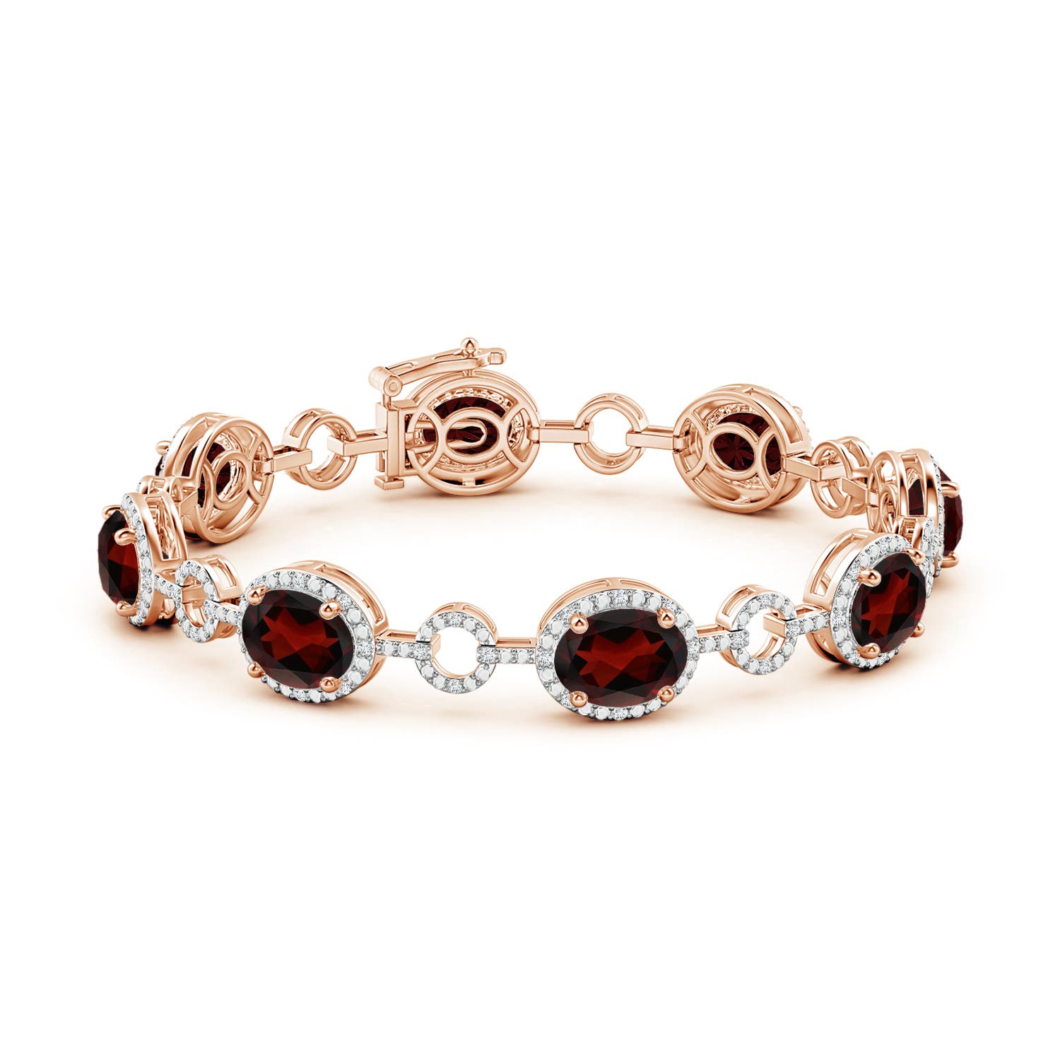 9x7mm AA Oval Garnet Halo Open Circle Link Bracelet in Rose Gold
