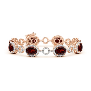 9x7mm AAA Oval Garnet Halo Open Circle Link Bracelet in 10K Rose Gold
