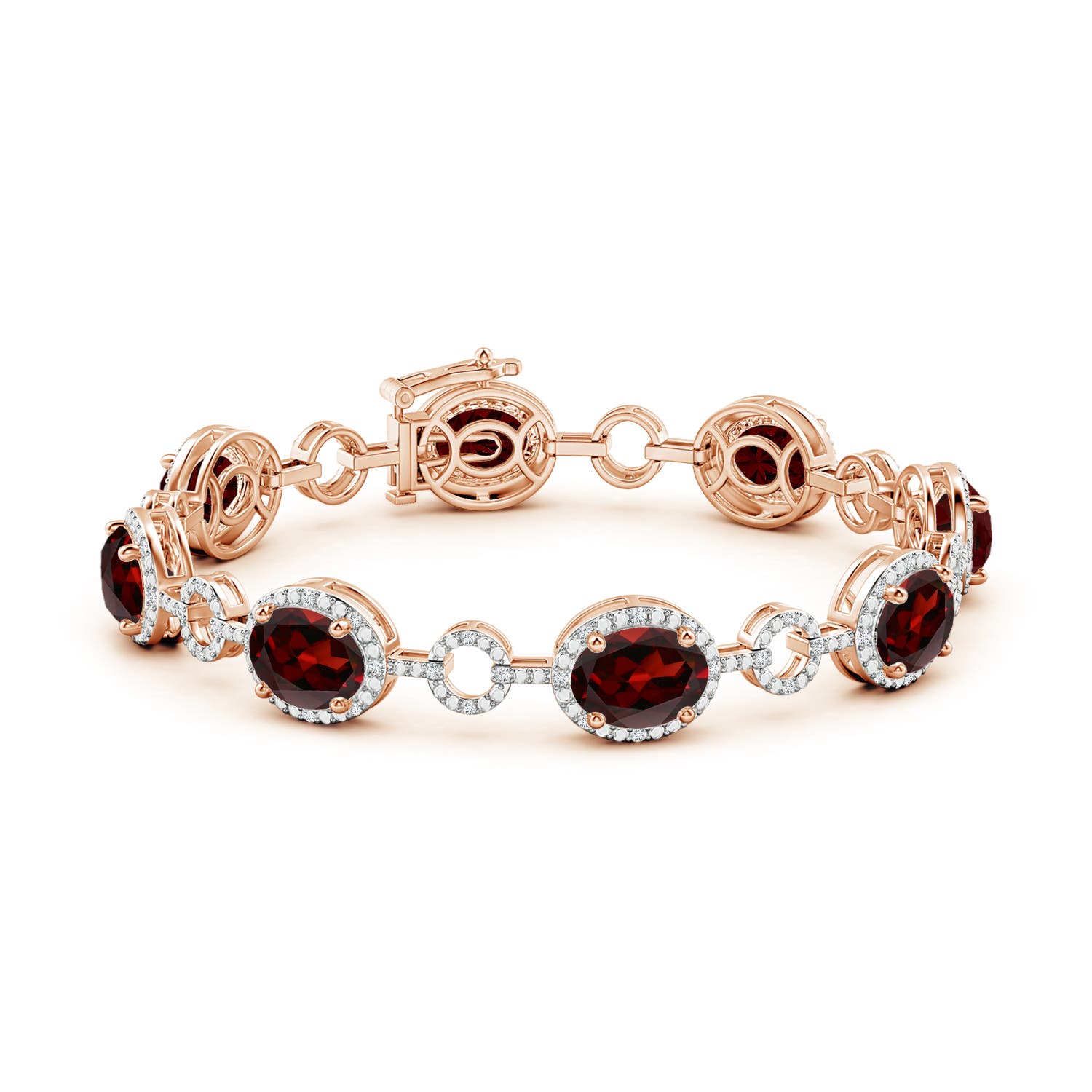 9x7mm AAA Oval Garnet Halo Open Circle Link Bracelet in Rose Gold
