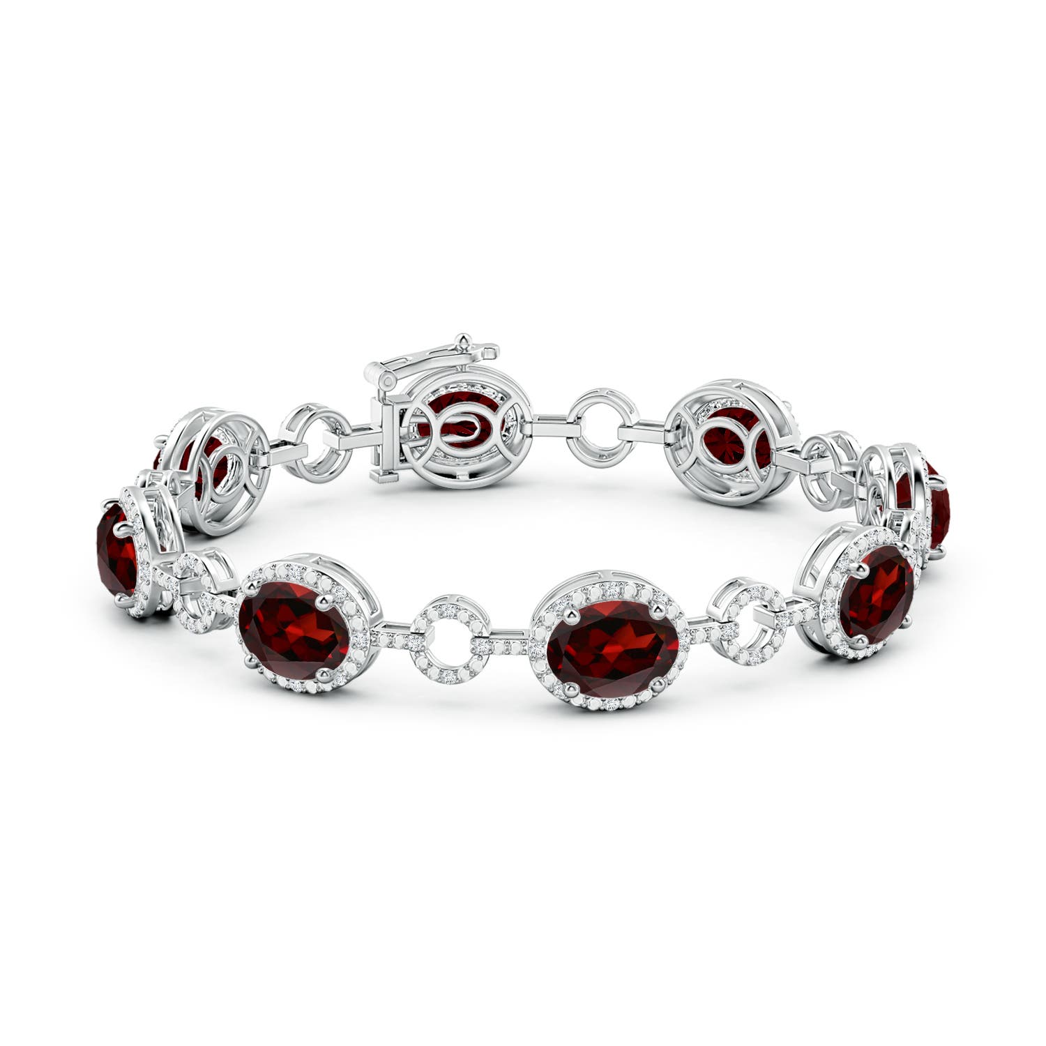9x7mm AAA Oval Garnet Halo Open Circle Link Bracelet in White Gold - side 1
