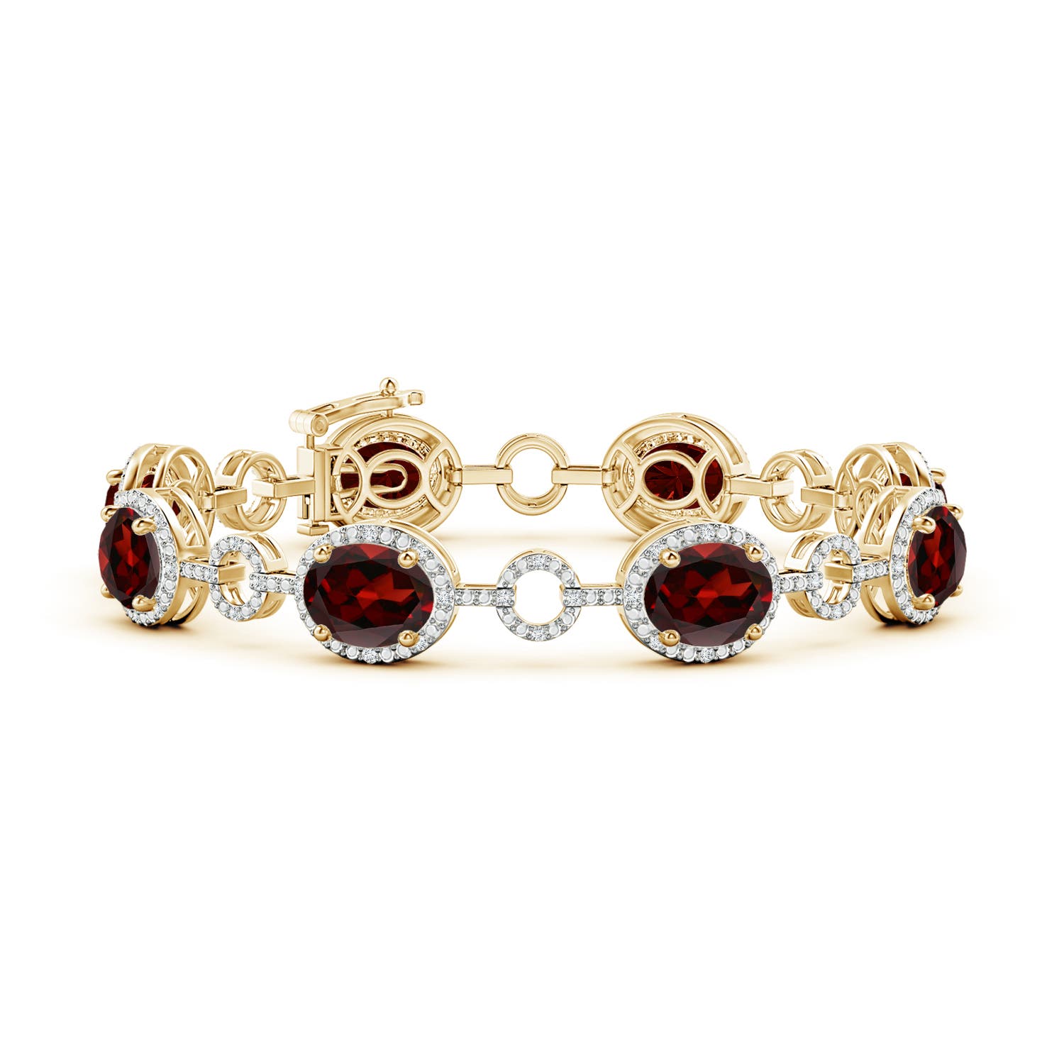 9x7mm AAA Oval Garnet Halo Open Circle Link Bracelet in Yellow Gold