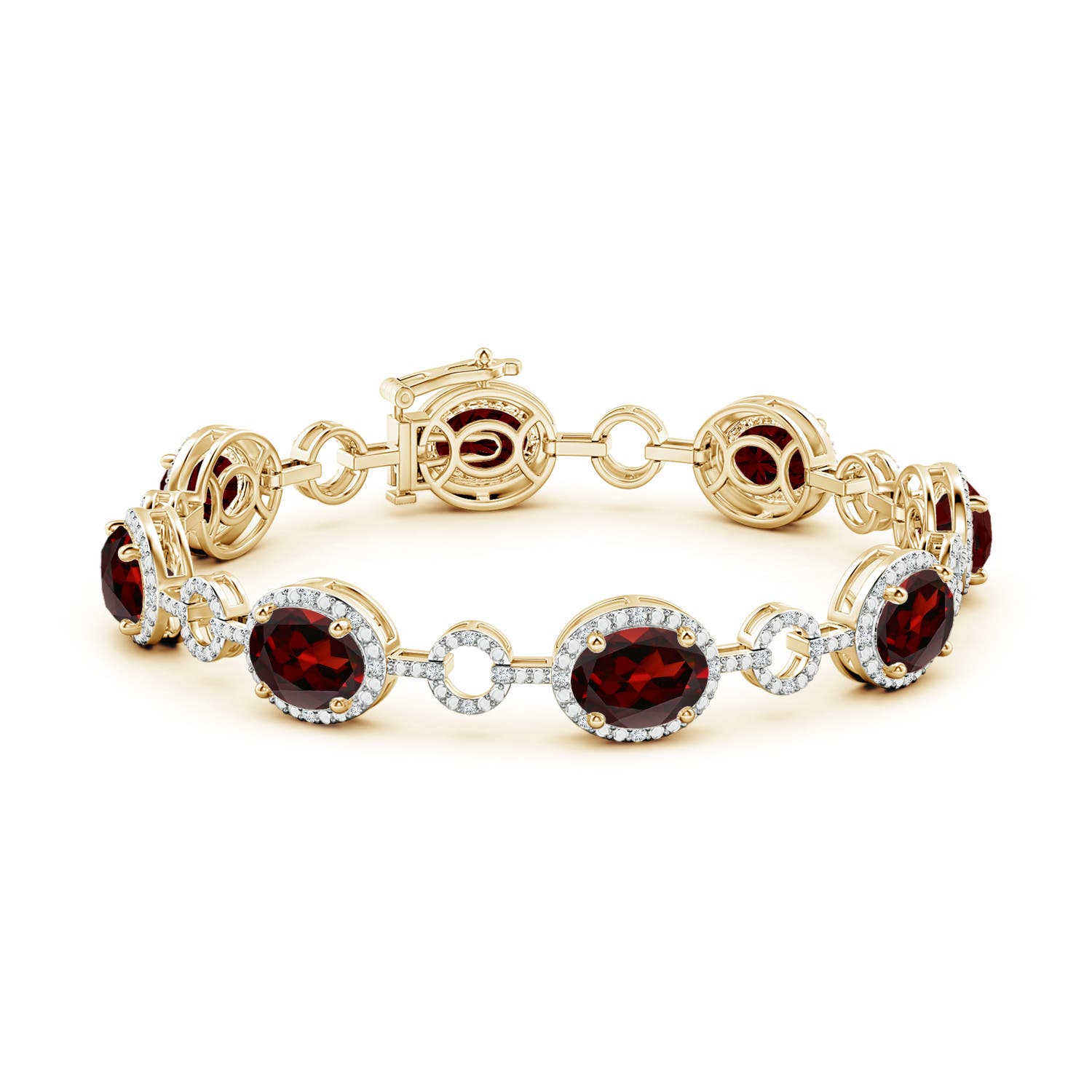 9x7mm AAA Oval Garnet Halo Open Circle Link Bracelet in Yellow Gold
