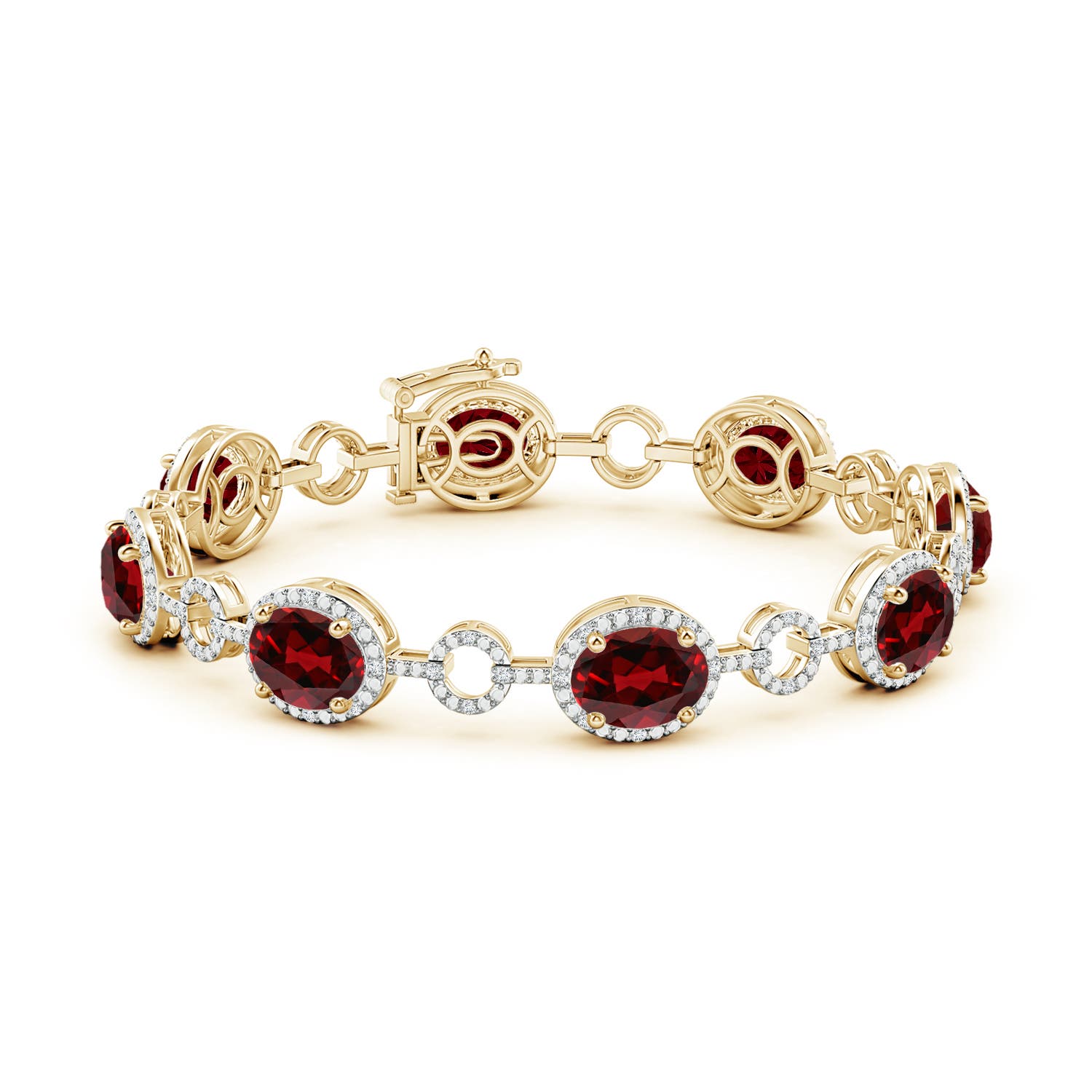 9x7mm AAAA Oval Garnet Halo Open Circle Link Bracelet in Yellow Gold
