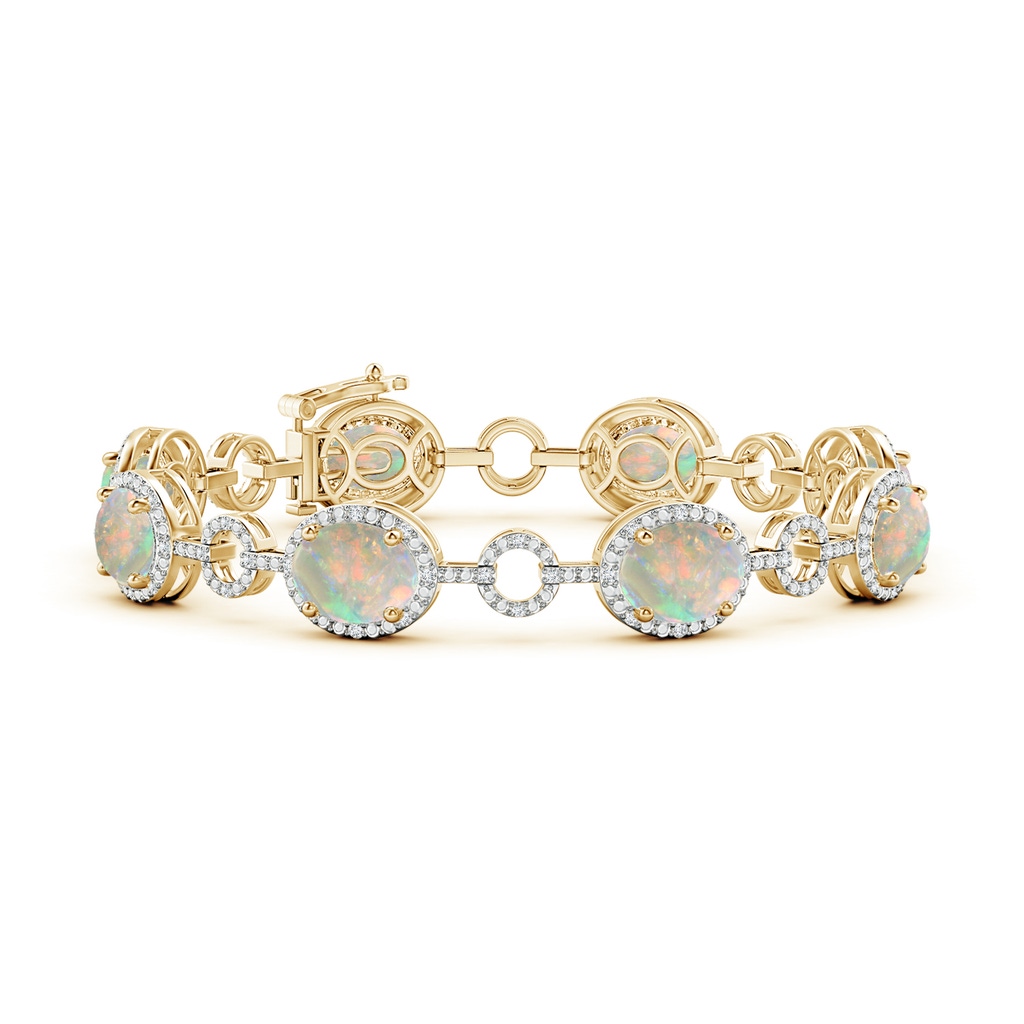 9x7mm AAAA Oval Opal Halo Open Circle Link Bracelet in Yellow Gold