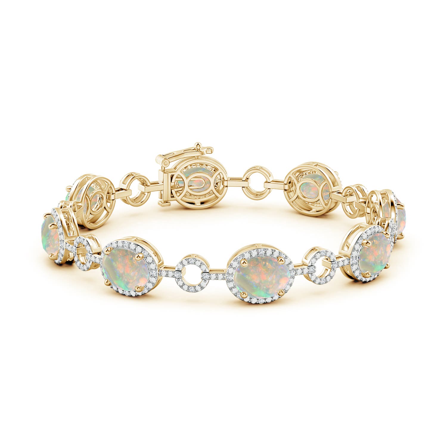 9x7mm AAAA Oval Opal Halo Open Circle Link Bracelet in Yellow Gold
