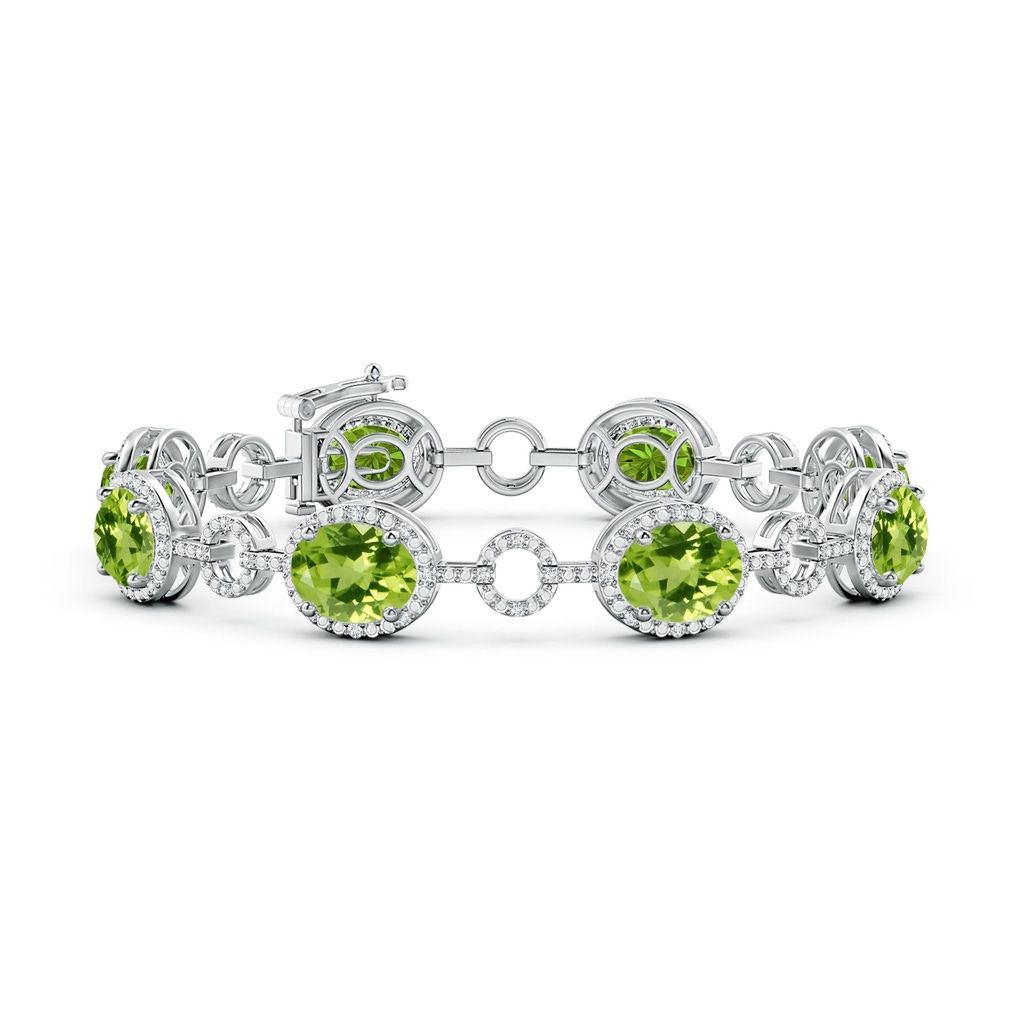 9x7mm AAA Oval Peridot Halo Open Circle Link Bracelet in White Gold
