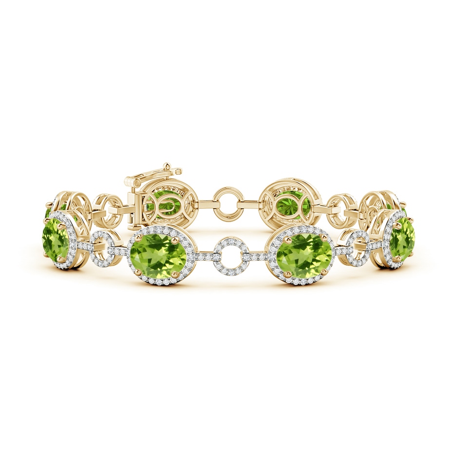 9x7mm AAA Oval Peridot Halo Open Circle Link Bracelet in Yellow Gold 