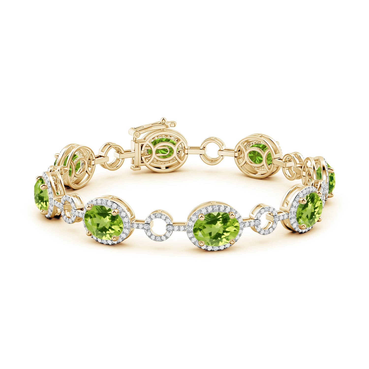 9x7mm AAA Oval Peridot Halo Open Circle Link Bracelet in Yellow Gold - side 1