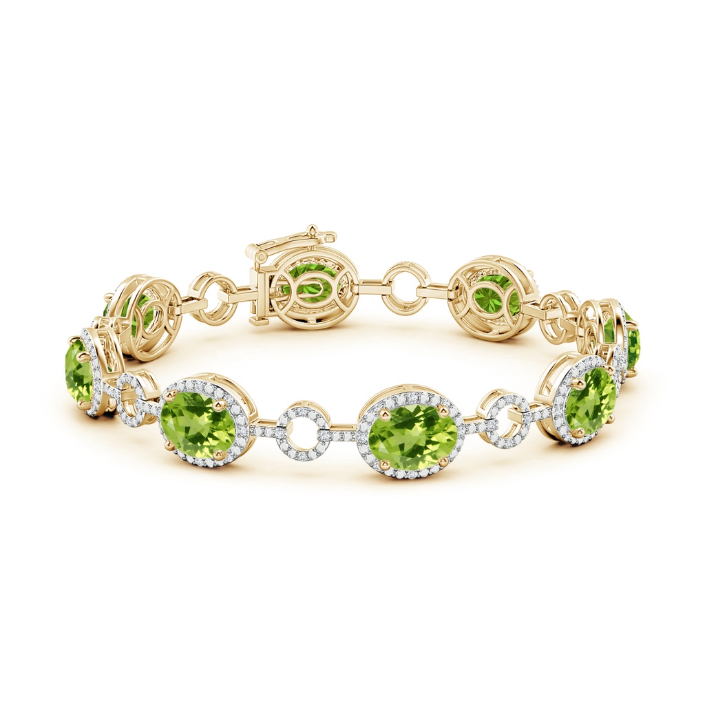 9x7mm AAA Oval Peridot Halo Open Circle Link Bracelet in Yellow Gold - side 199