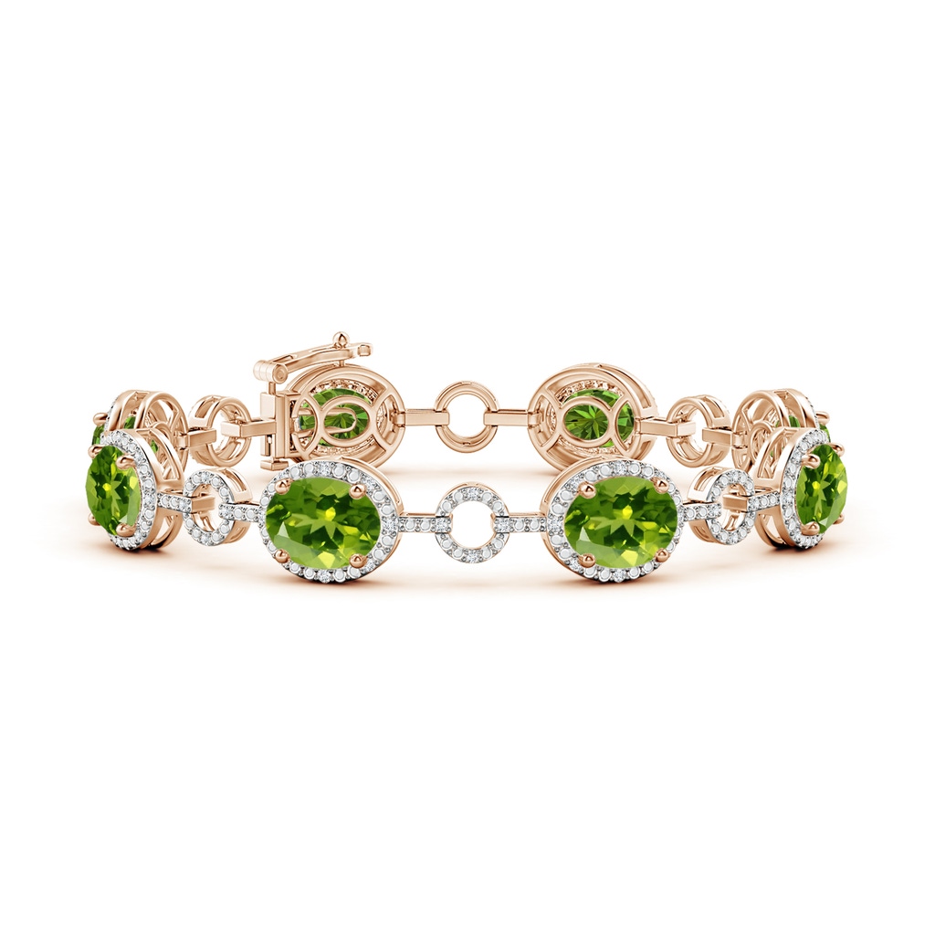 9x7mm AAAA Oval Peridot Halo Open Circle Link Bracelet in Rose Gold