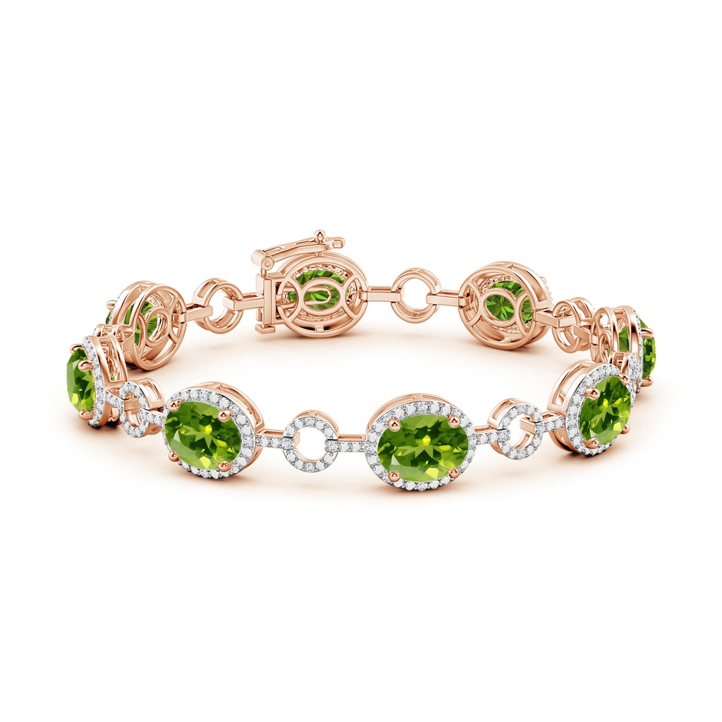 9x7mm AAAA Oval Peridot Halo Open Circle Link Bracelet in Rose Gold - side 199